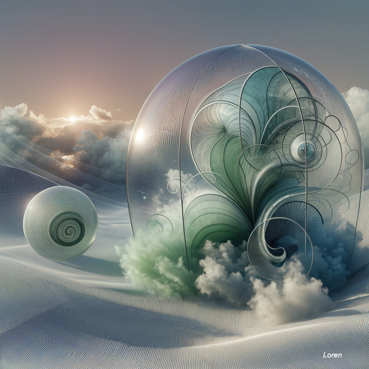 Surreal Landscape with Ethereal Spheres and Fractals