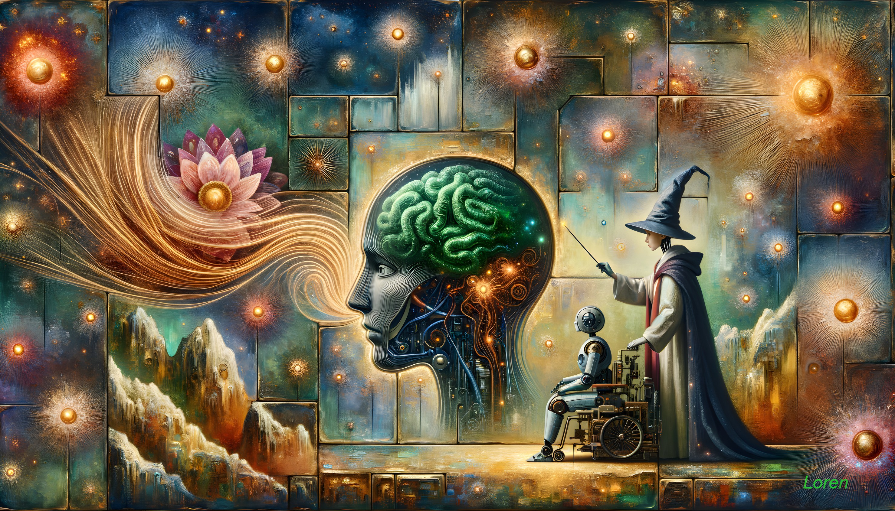 Surreal Scene of Wizard and Robot with Cosmic Elements