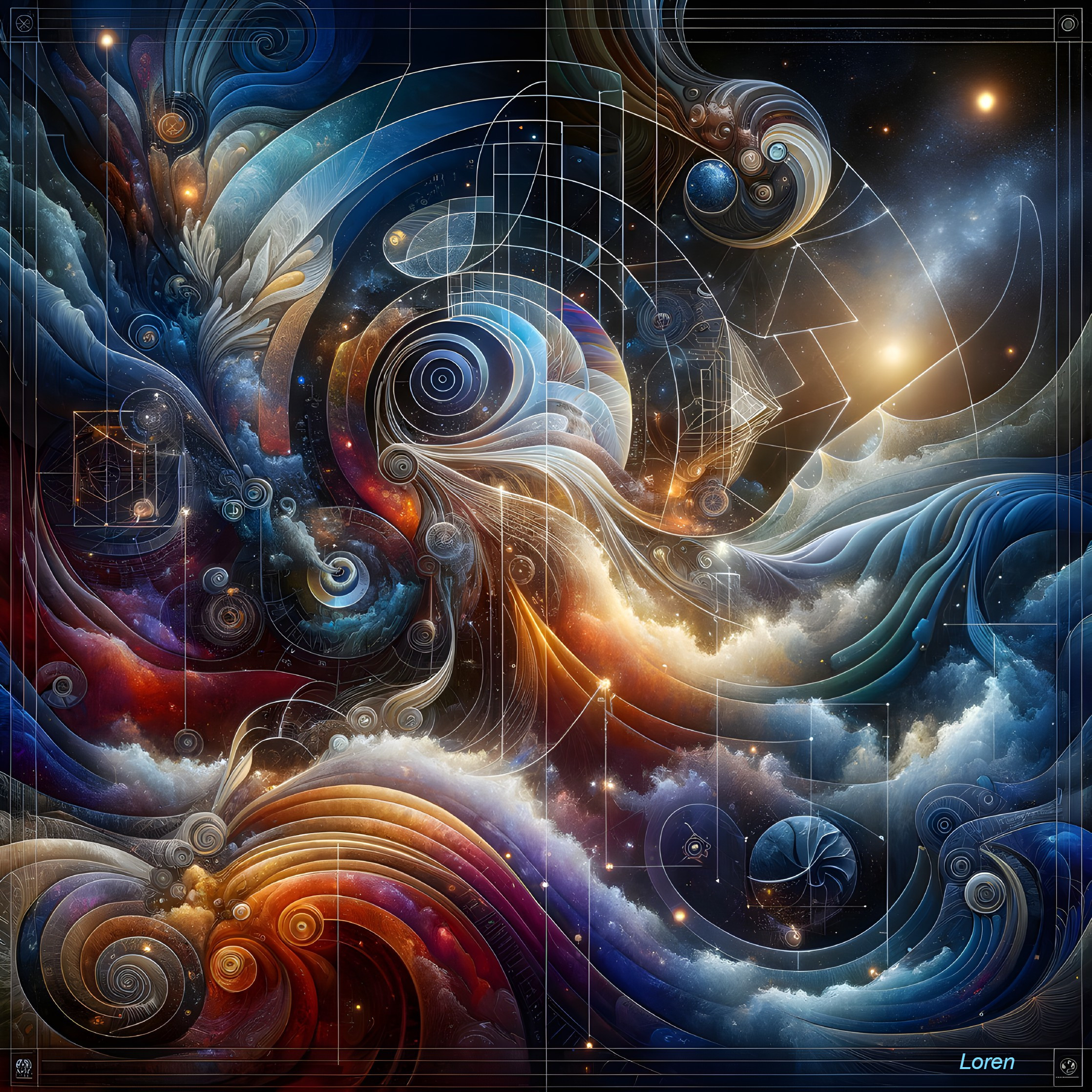 Cosmic Scene with Swirling Colors and Celestial Elements