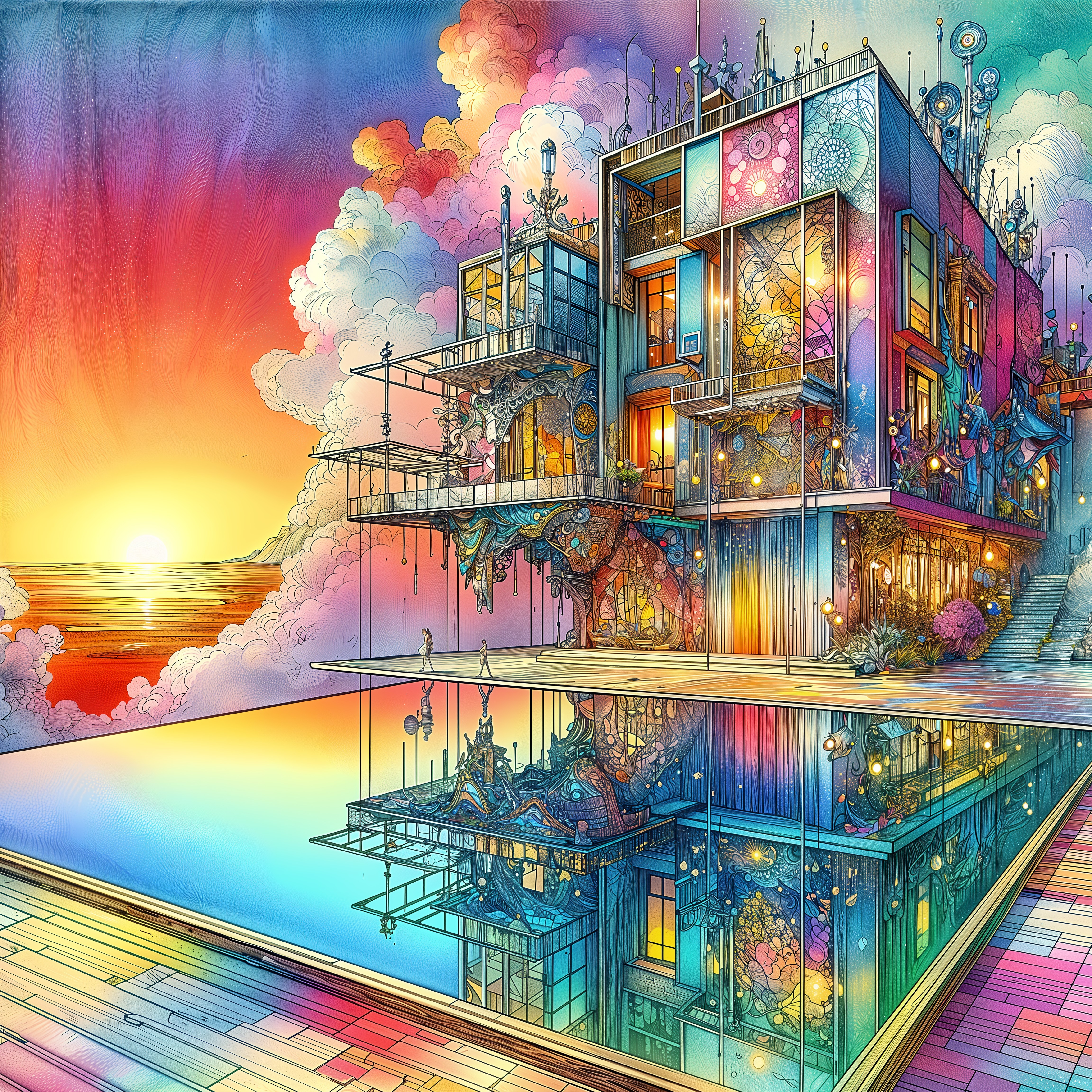 Futuristic Building in Surreal Sunset Landscape