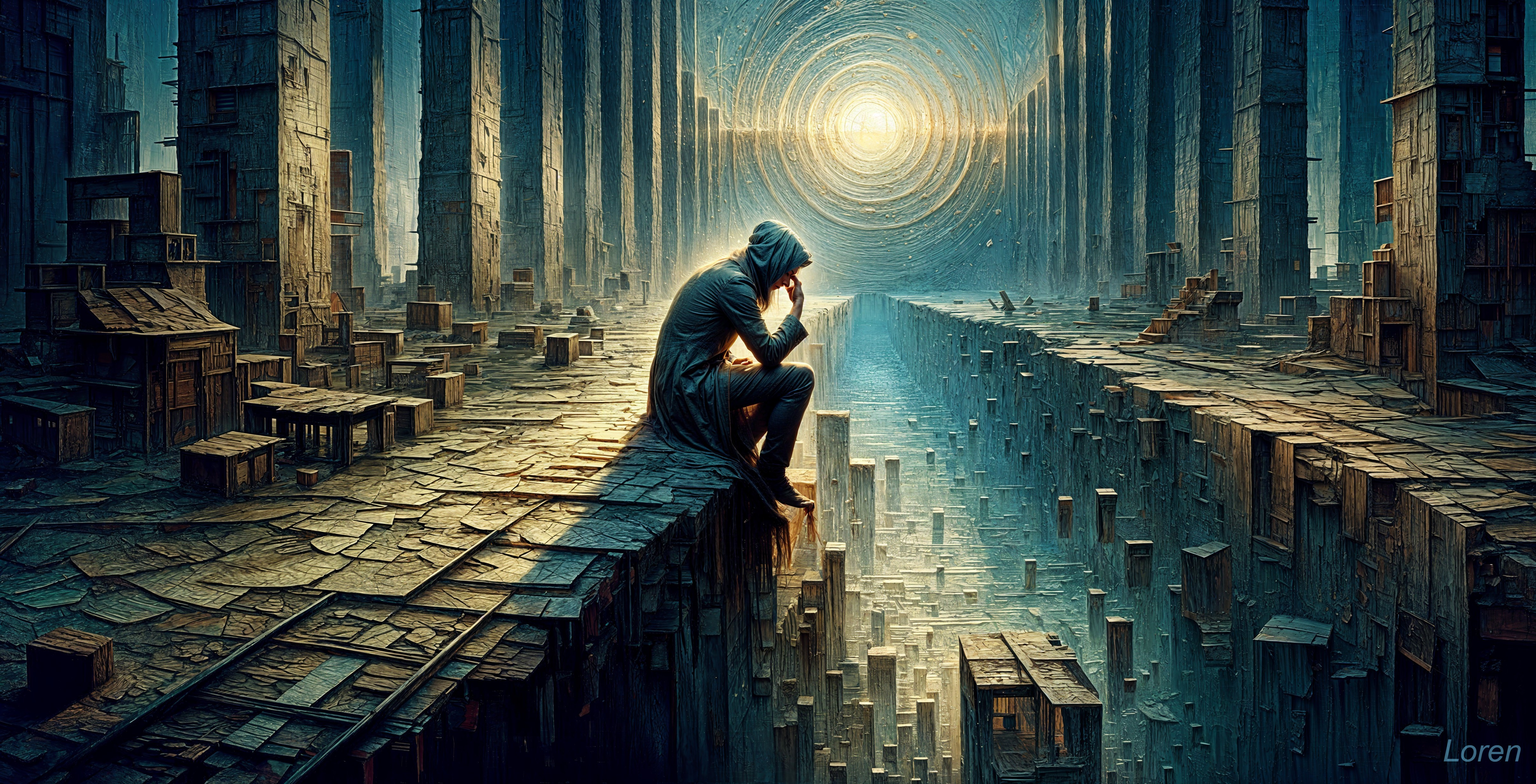 Solitary Figure Contemplating a Surreal Landscape