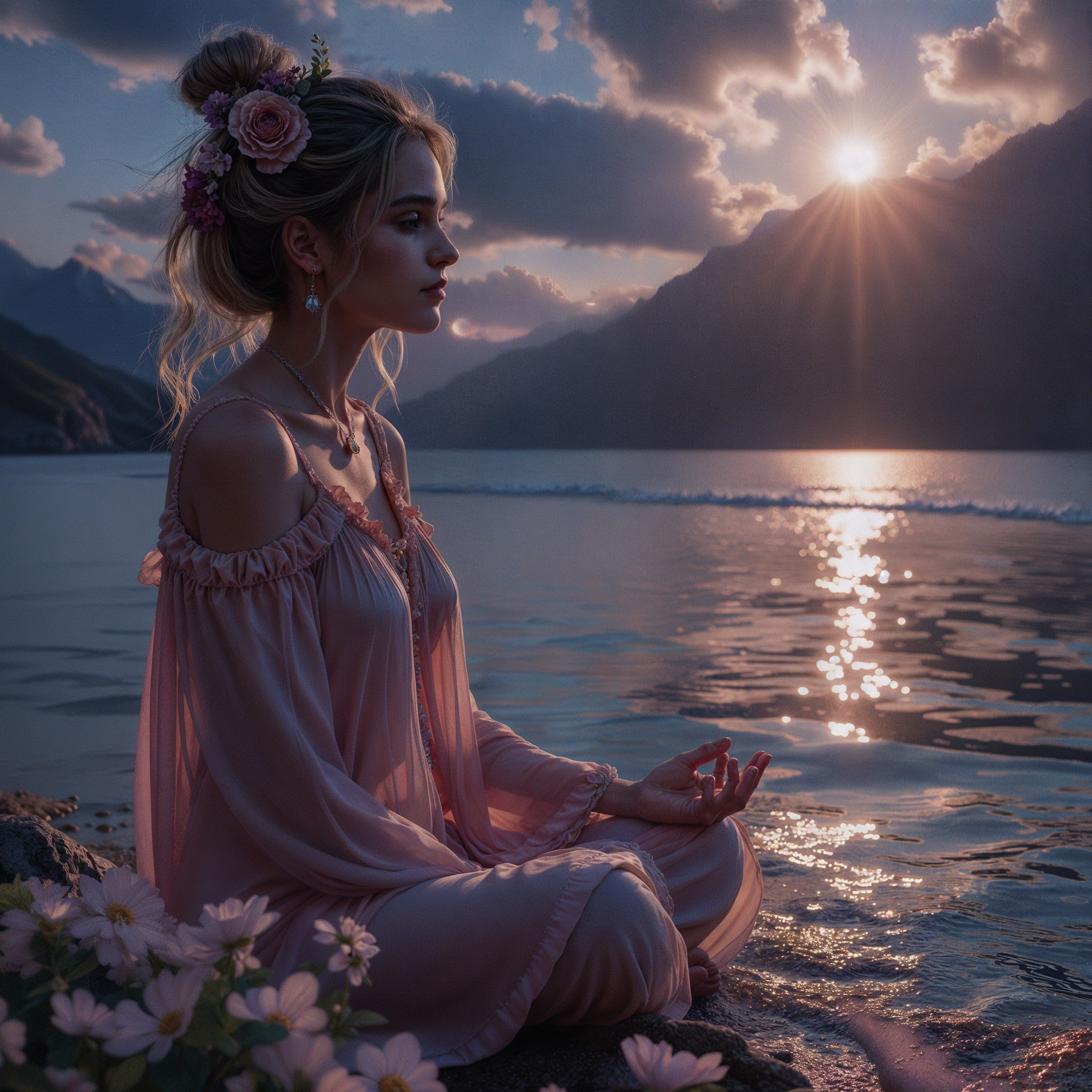 Young Woman by Tranquil Lake at Sunset