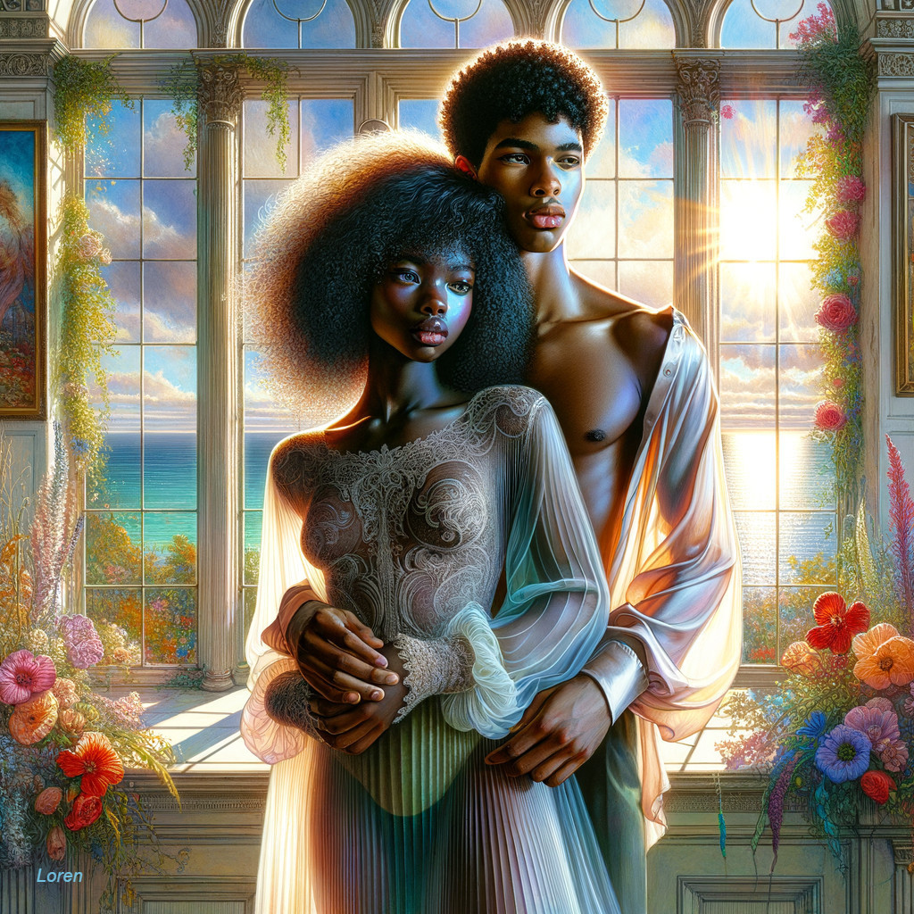 Couple Embracing with Ocean View and Vibrant Flowers