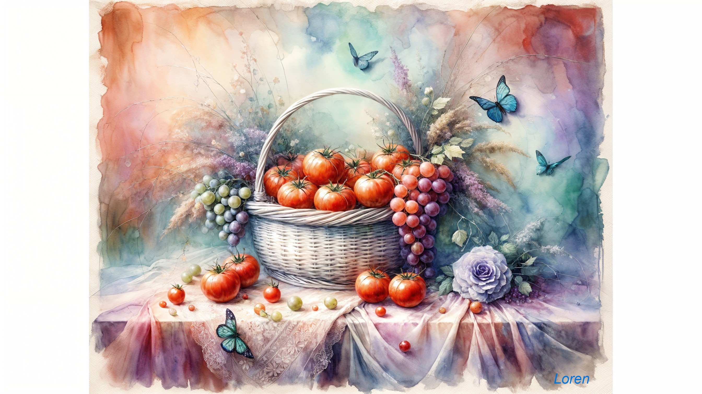 Watercolor Painting of Basket with Tomatoes and Grapes