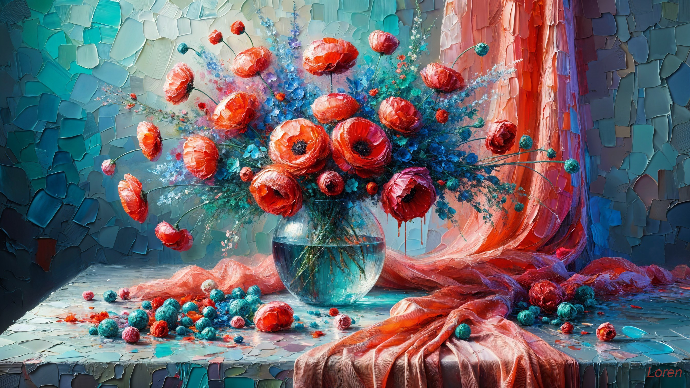 Vibrant Still Life with Red Poppies and Blue Flowers