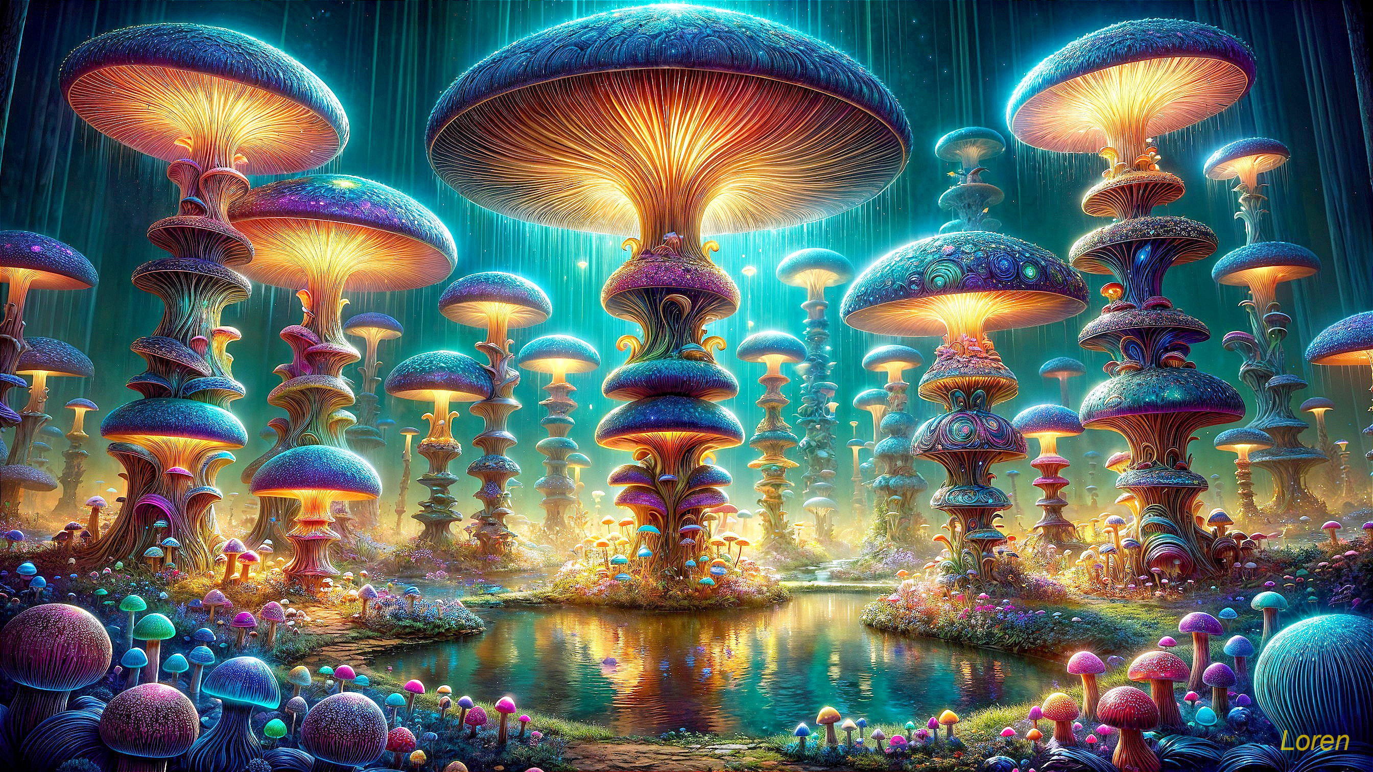Vibrant Landscape with Luminescent Mushrooms and Pond
