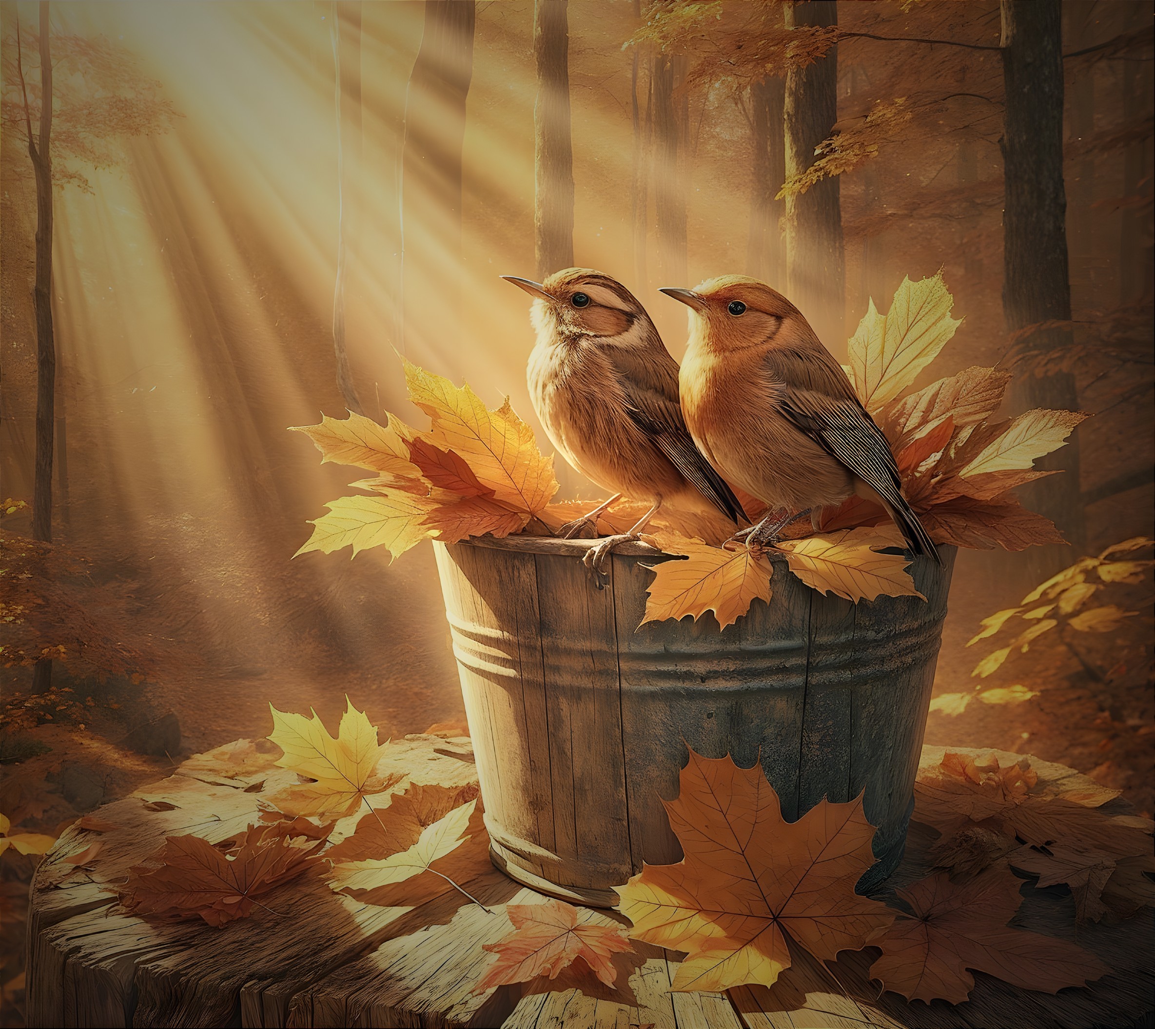 Autumn Forest Scene with Birds and Colorful Leaves