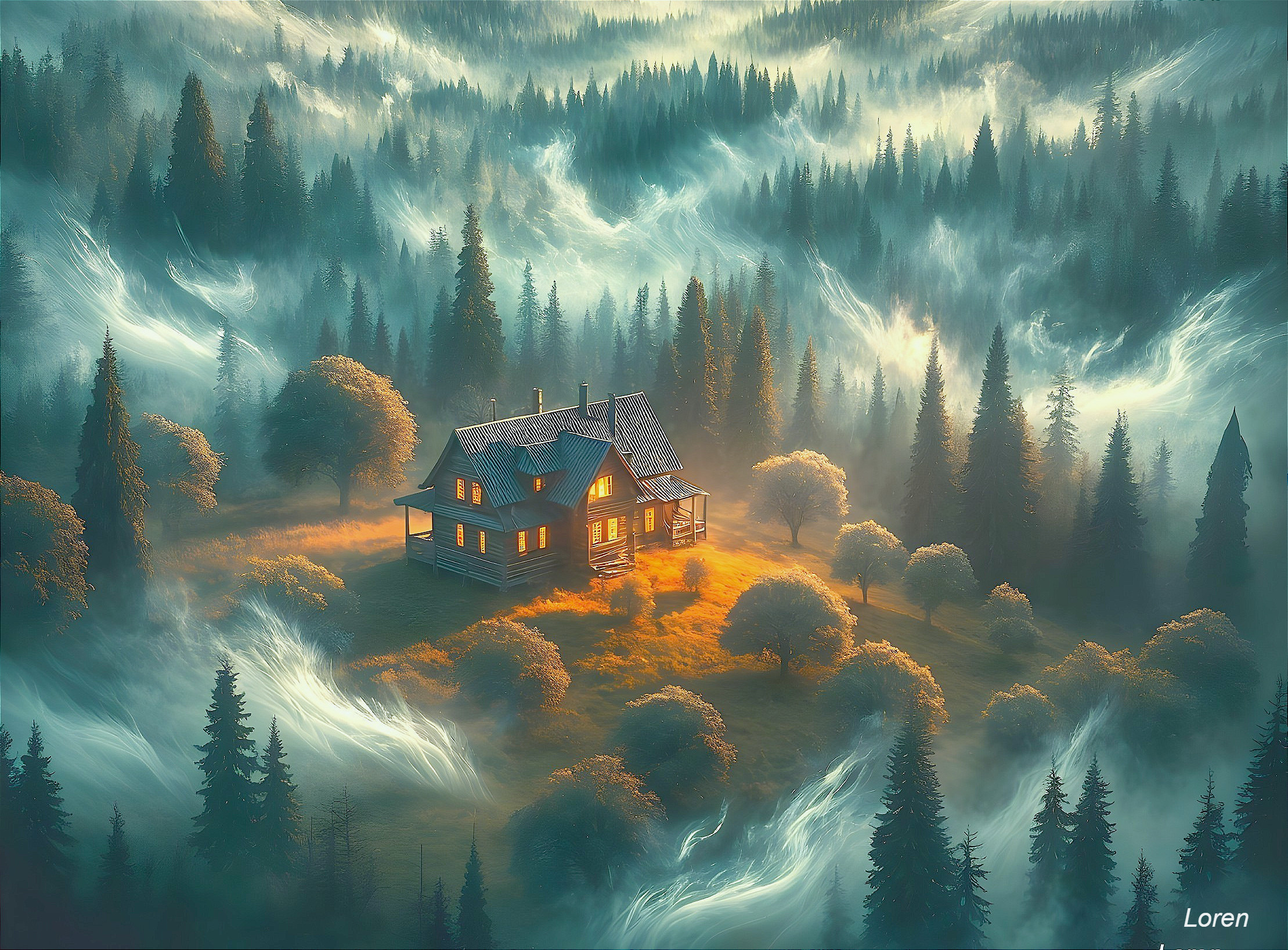 Wooden House in Misty Forest Surrounded by Evergreens