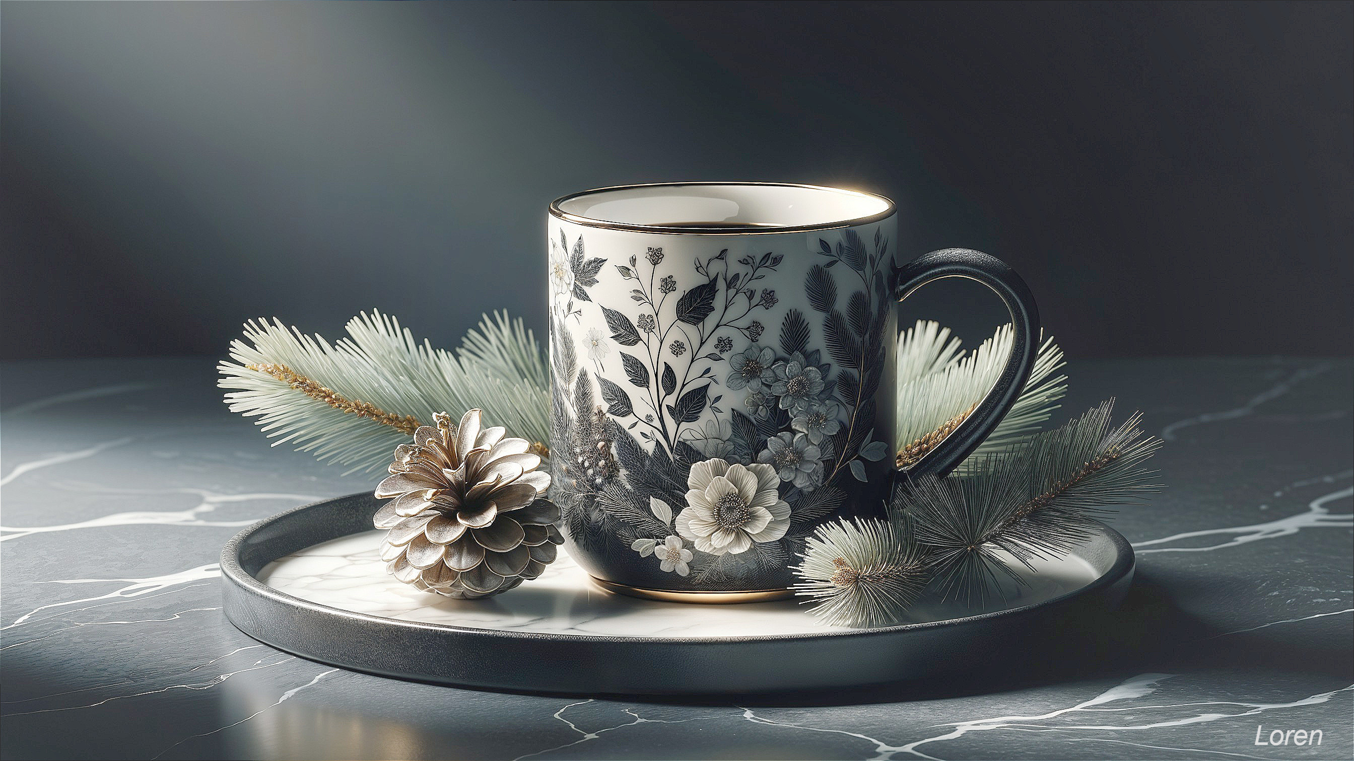 Ceramic Mug with Floral Patterns on Marble Tray