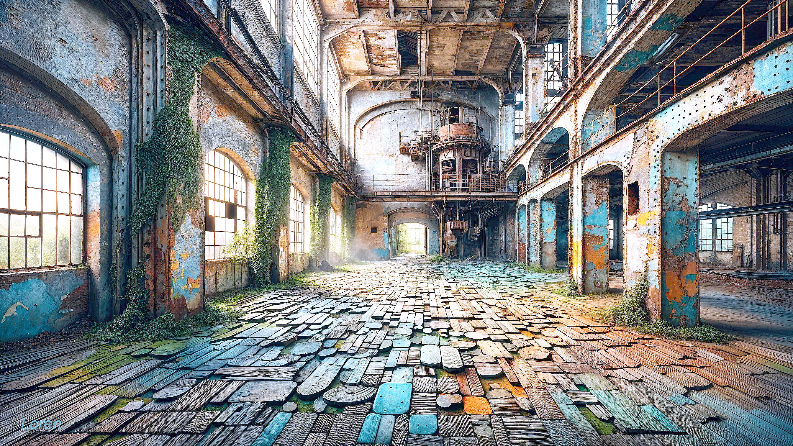 Abandoned Industrial Space with Moss-Covered Flooring