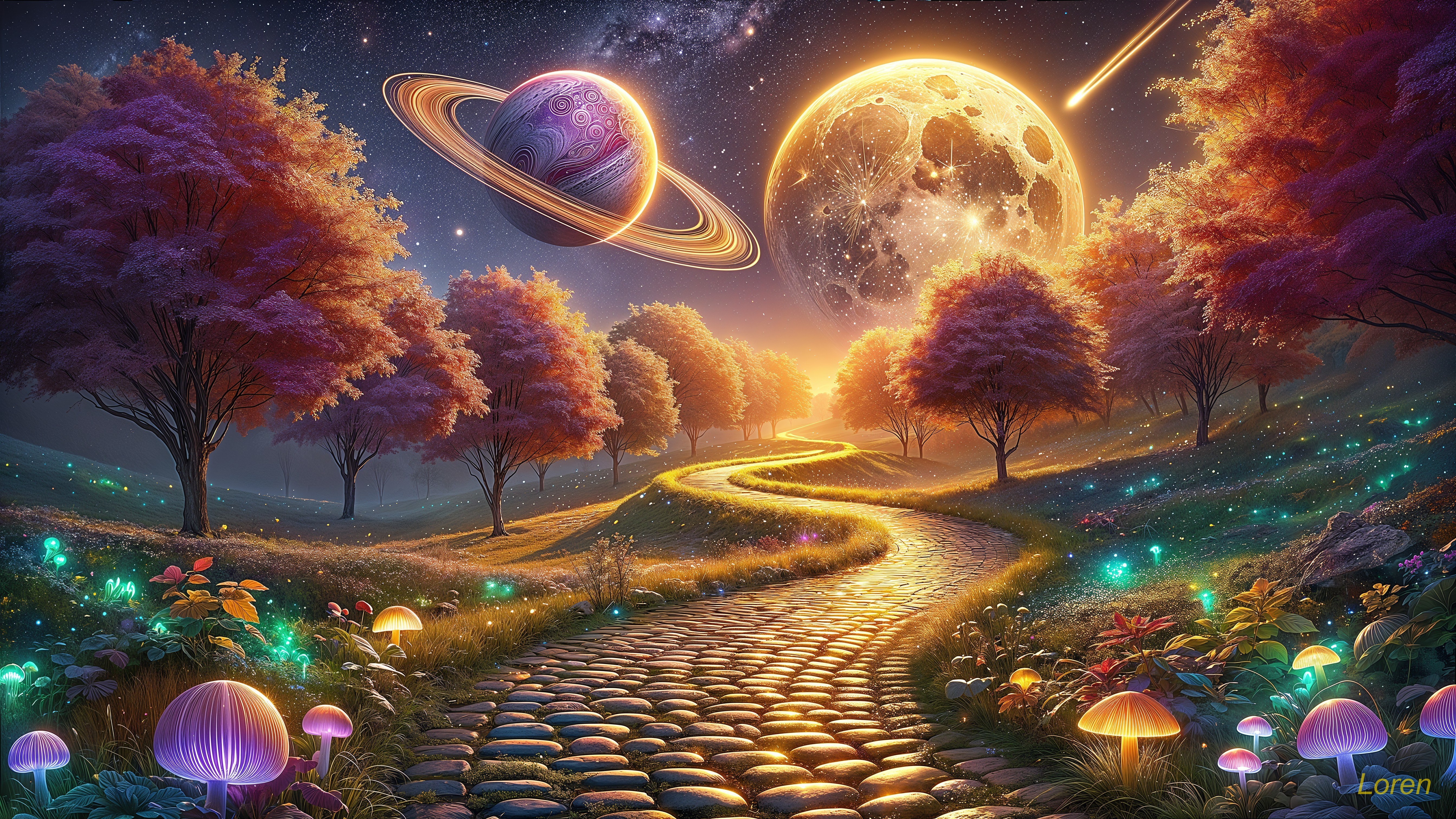 Whimsical Landscape with Cobblestone Path and Moonlight