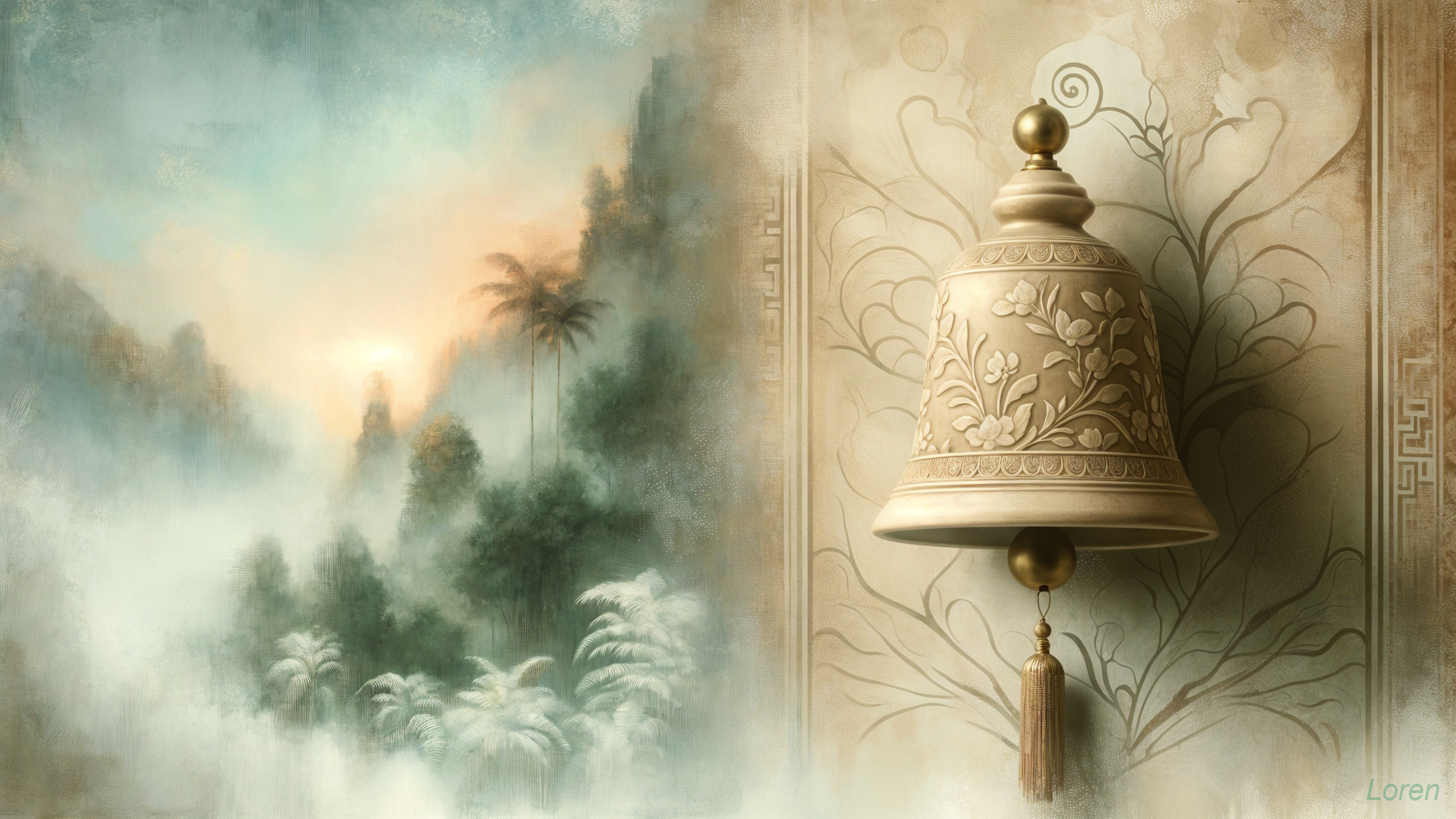 Intricately Designed Bell with Floral Motifs and Landscape