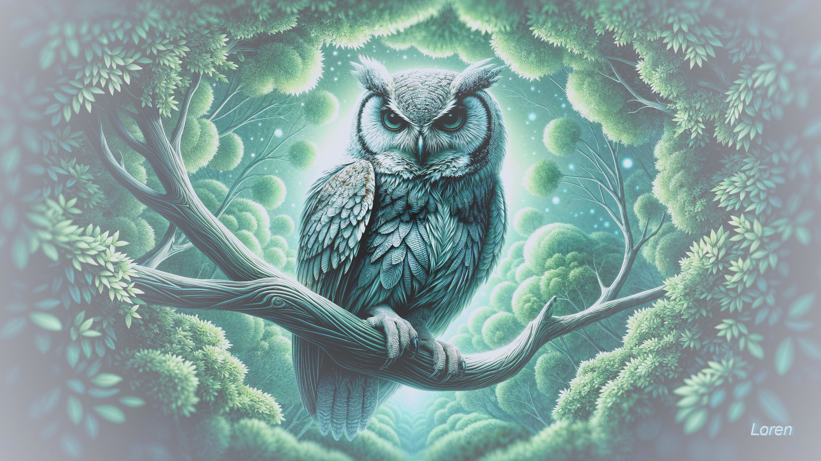 Majestic owl in a luminous, ethereal forest setting
