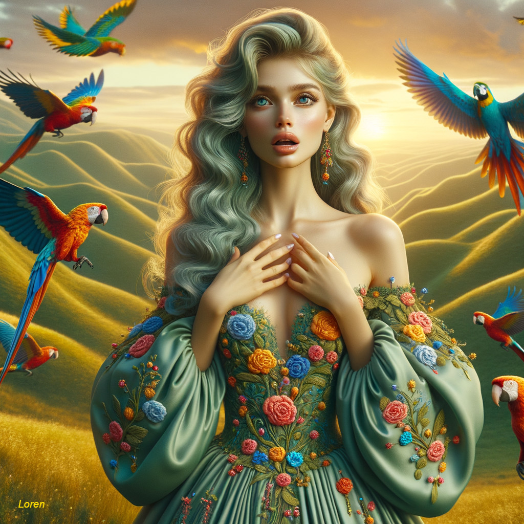 Surreal Beauty: Parrots and Golden Hills