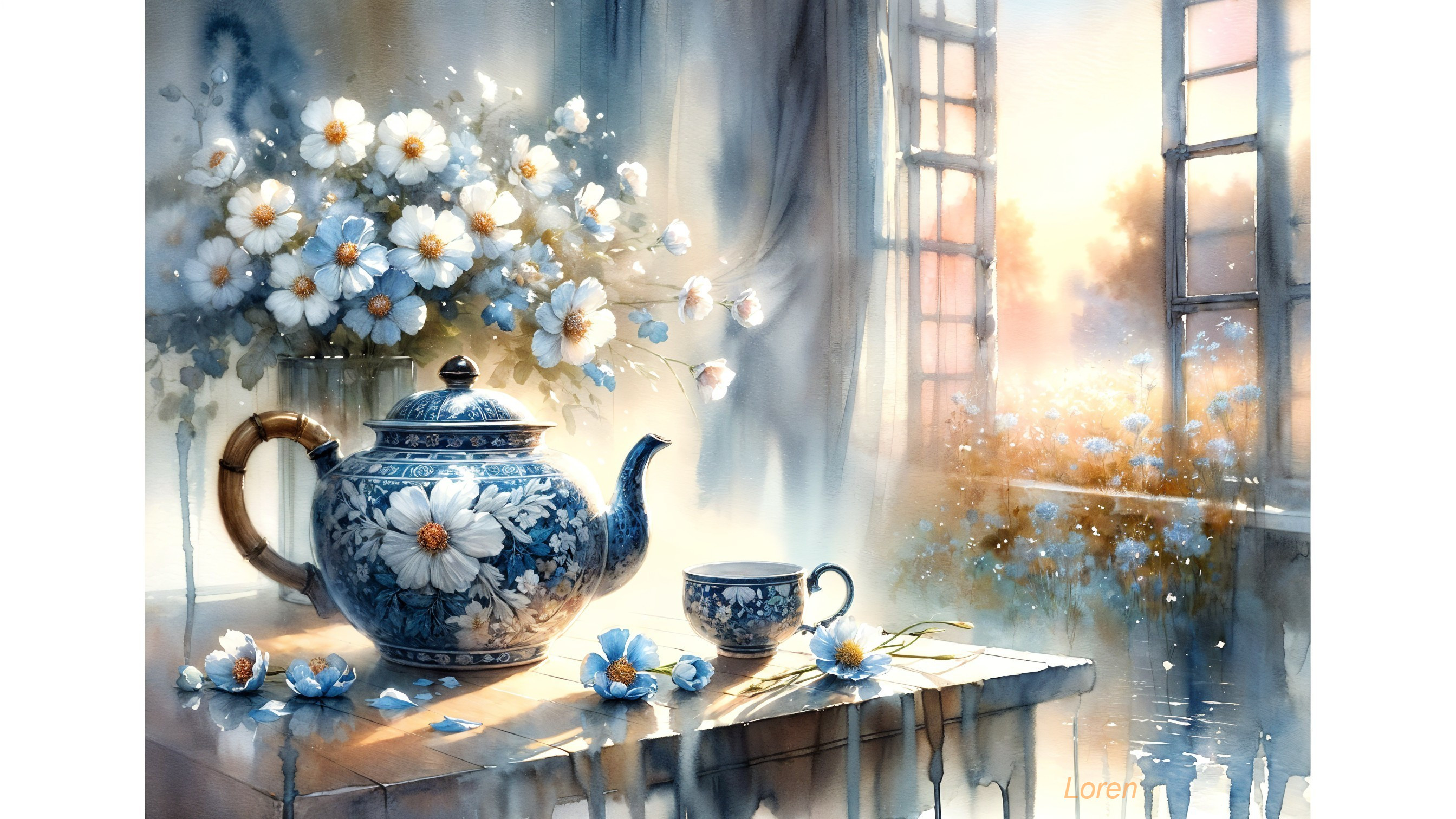 Still Life with Blue and White Teapot and Daisies