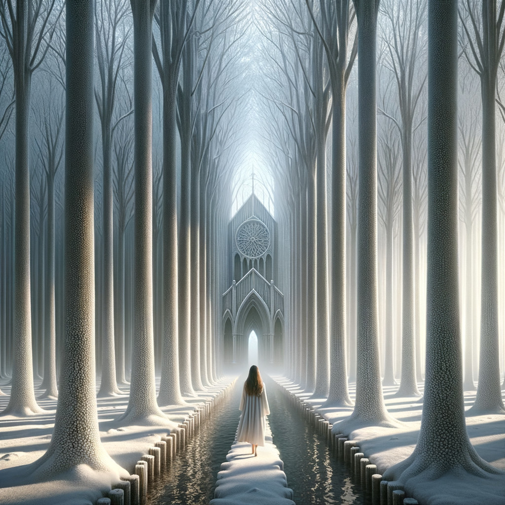 Ethereal Forest Scene with Gothic Structure and Stream