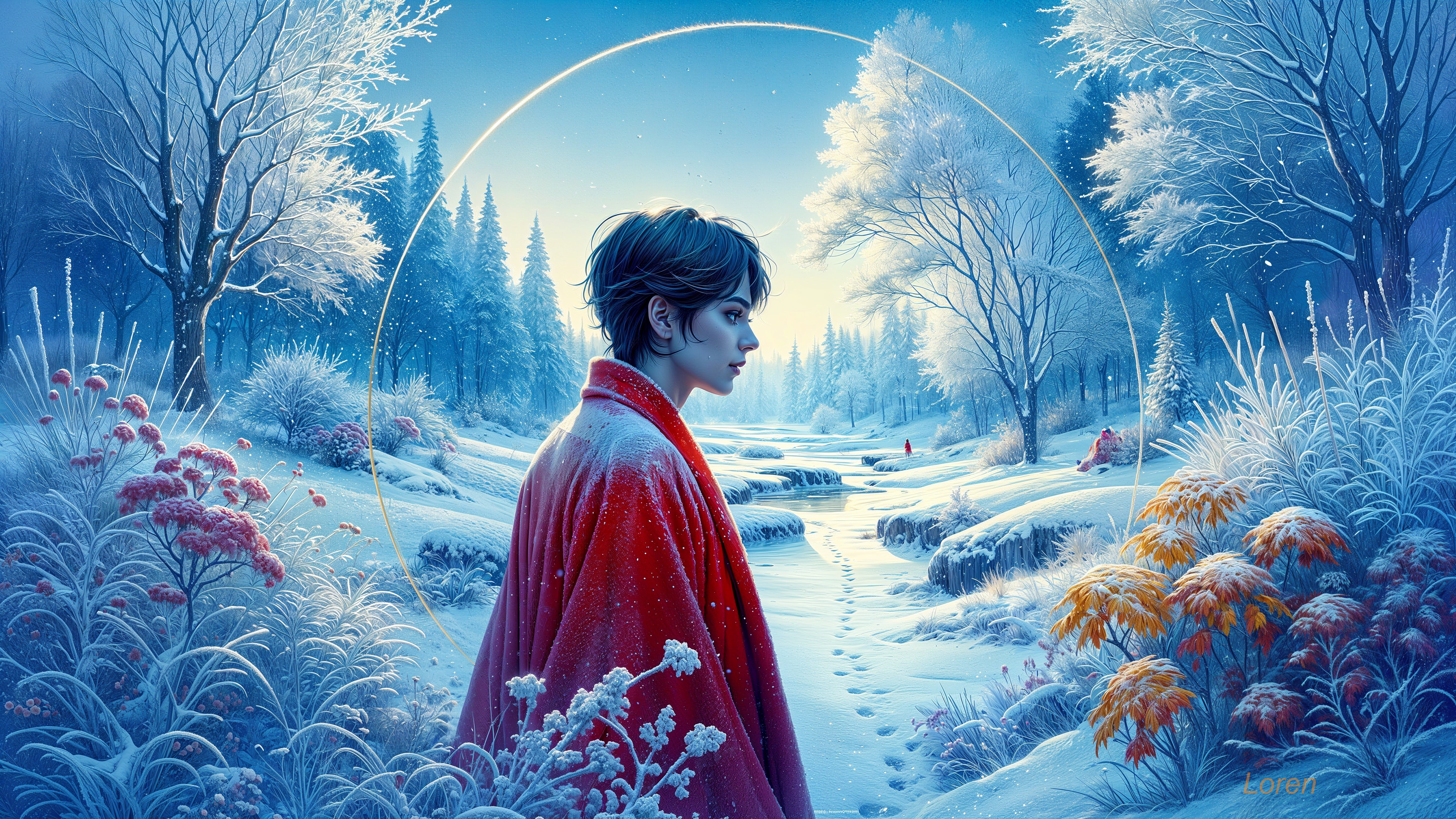 Winter Landscape with Young Figure in Red Cloak