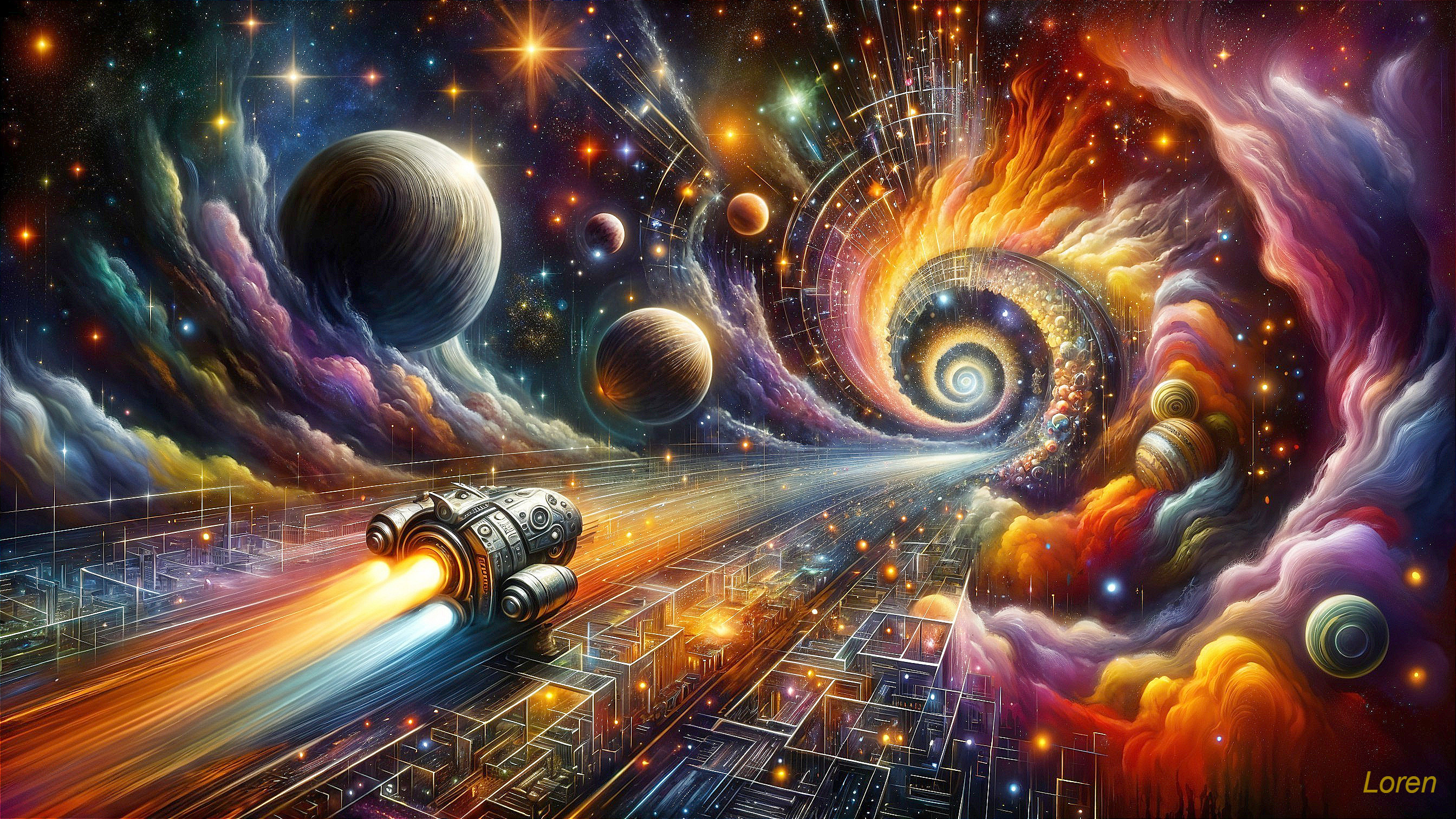 Vibrant Cosmic Scene with Galaxy and Spacecraft