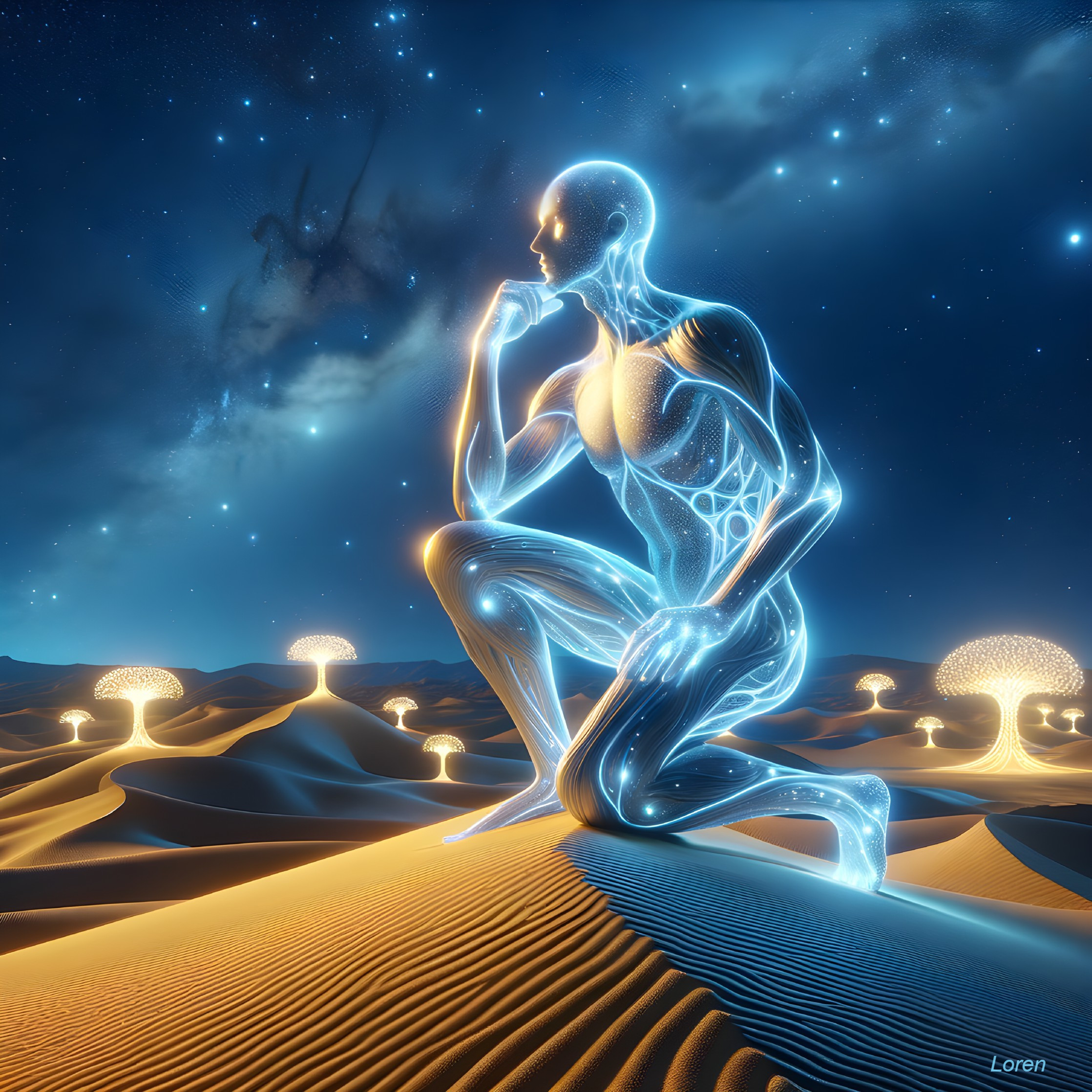 Translucent figure in a desert under a starry sky