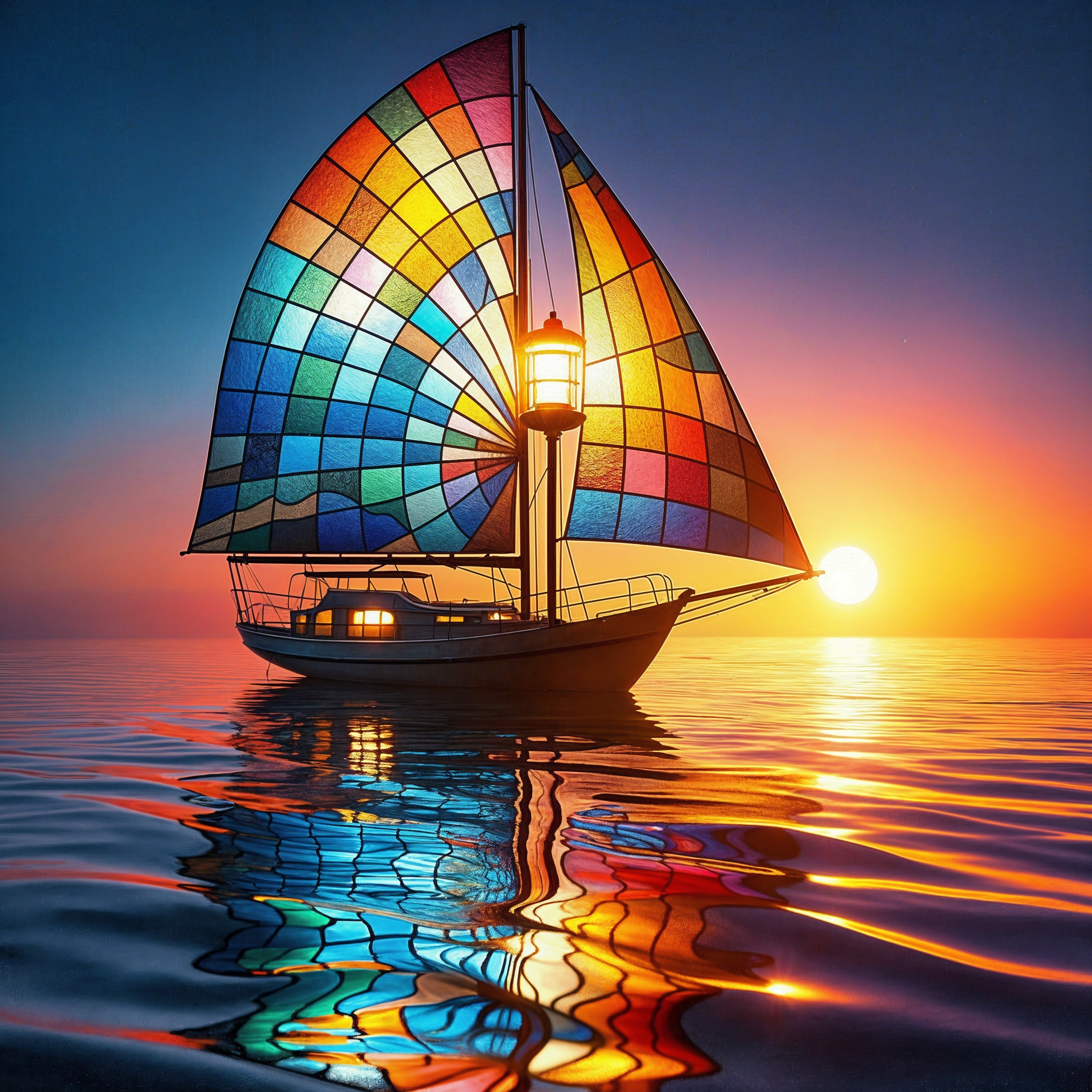 Vibrant Sailboat with Stained Glass Sail at Sunset
