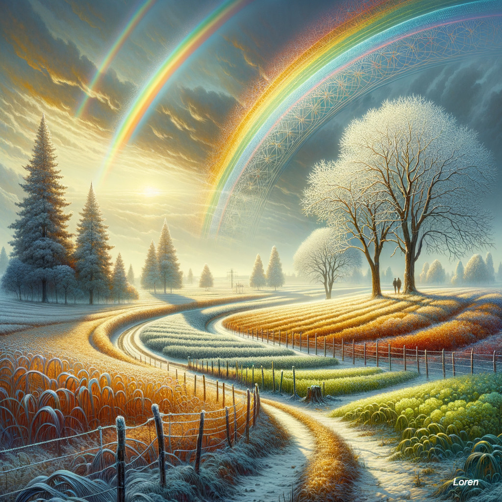 Serene Landscape with Rolling Fields and Double Rainbow