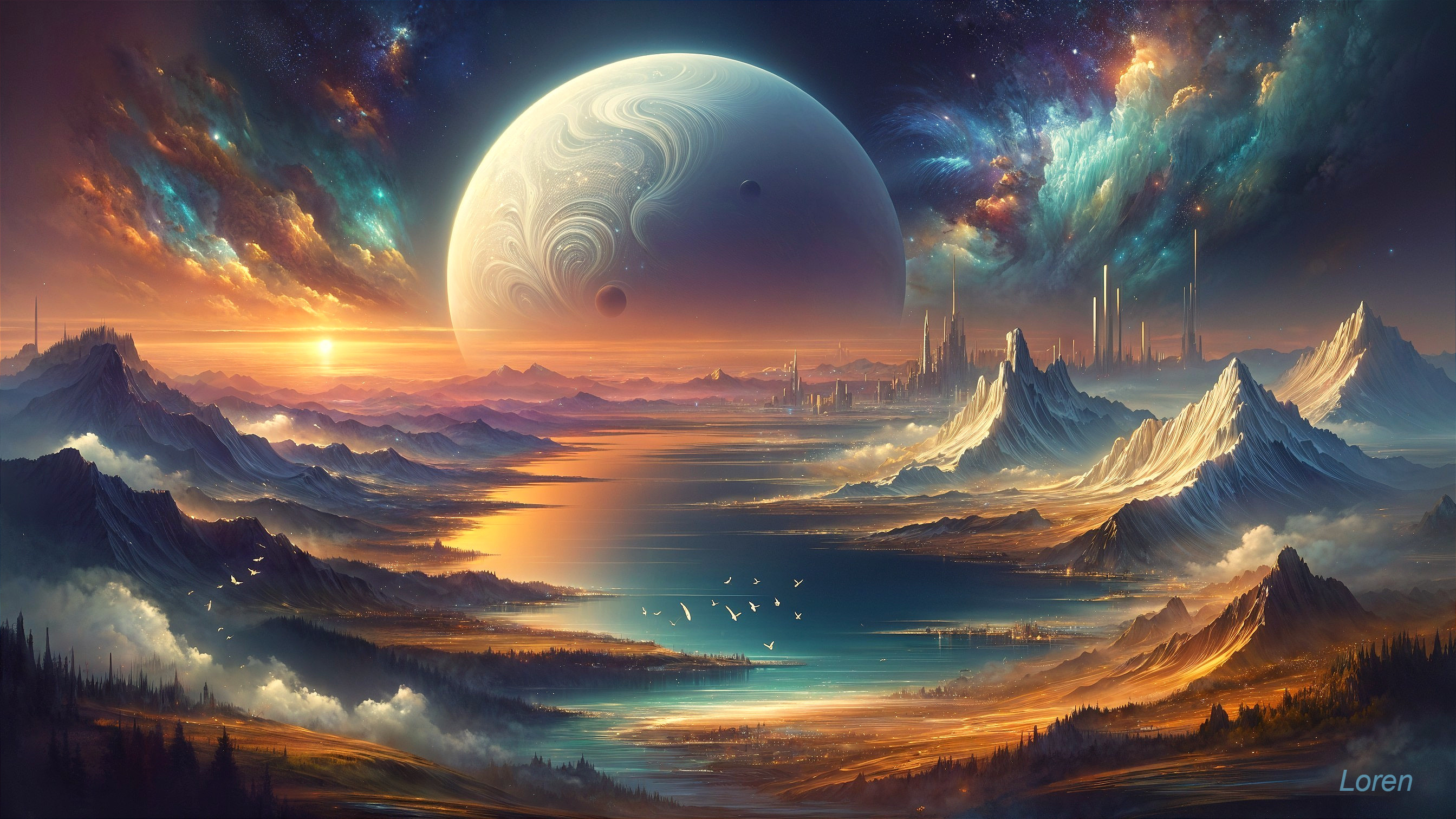 Cosmic Landscape with Planet, Moons, and Sunset Reflection
