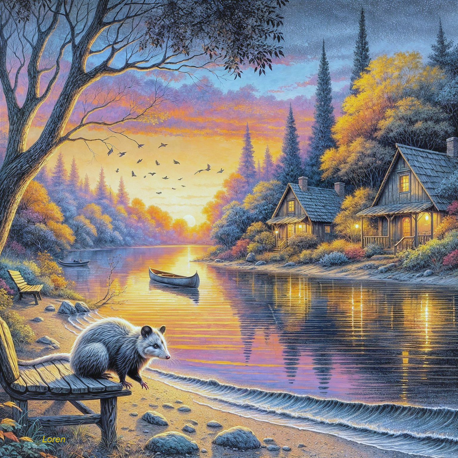 Twilight Lakeside Scene with Cabins and Wildlife