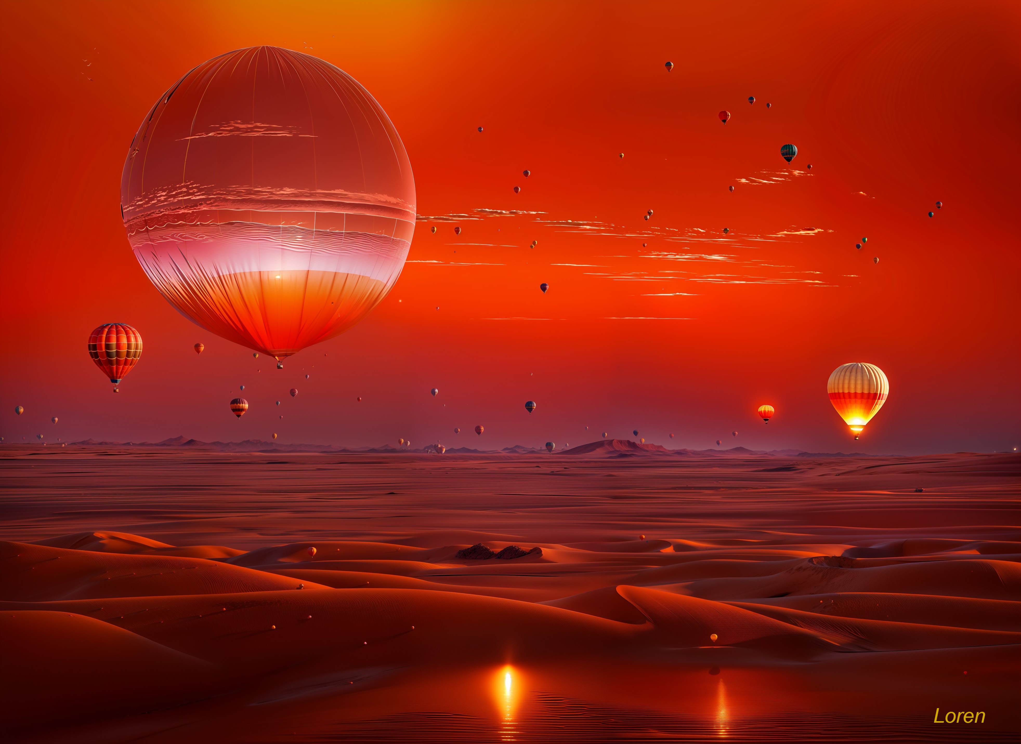 Desert Sunset with Colorful Hot Air Balloons