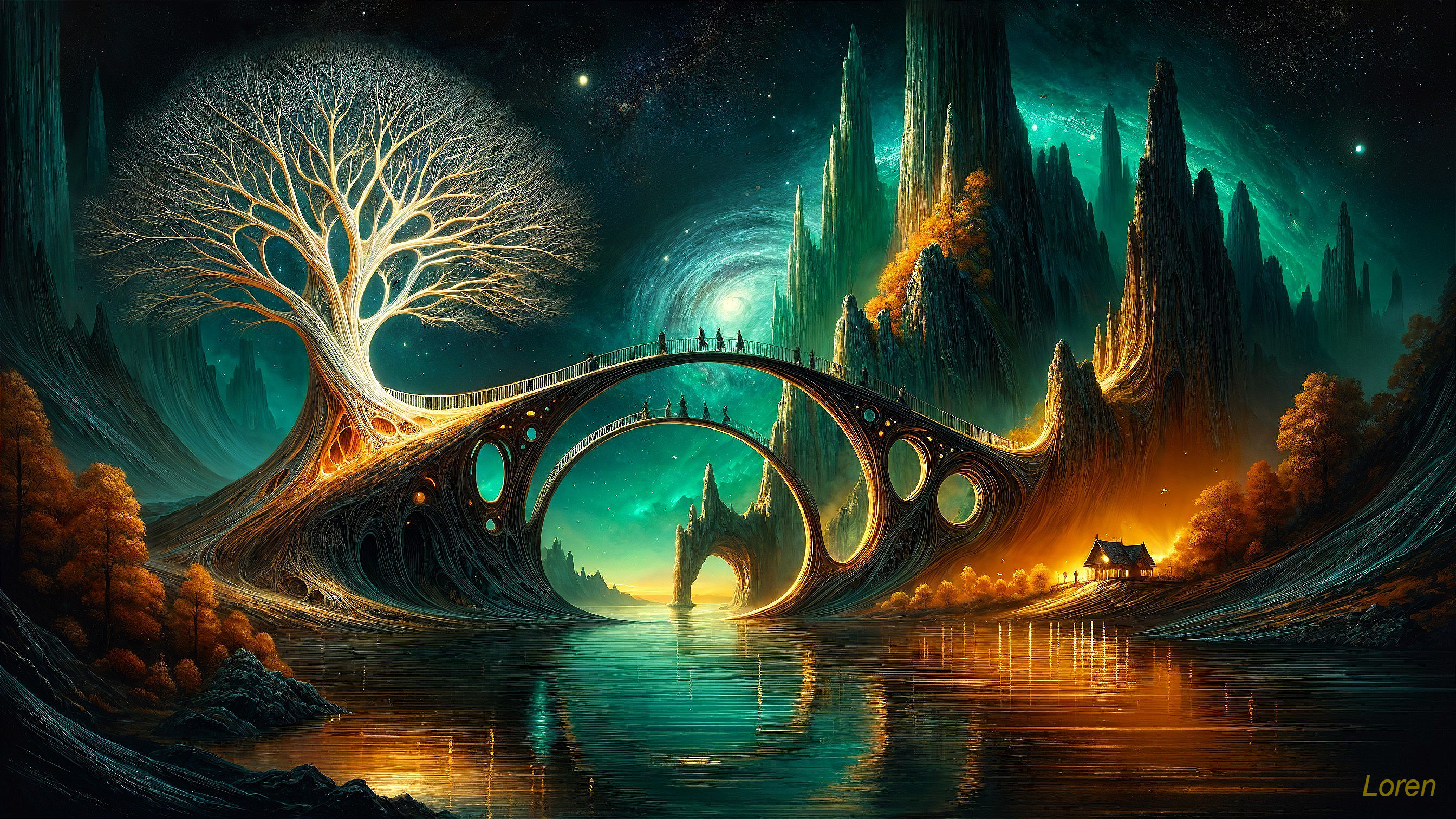 Surreal Landscape with Luminous Bridge and Ethereal Tree