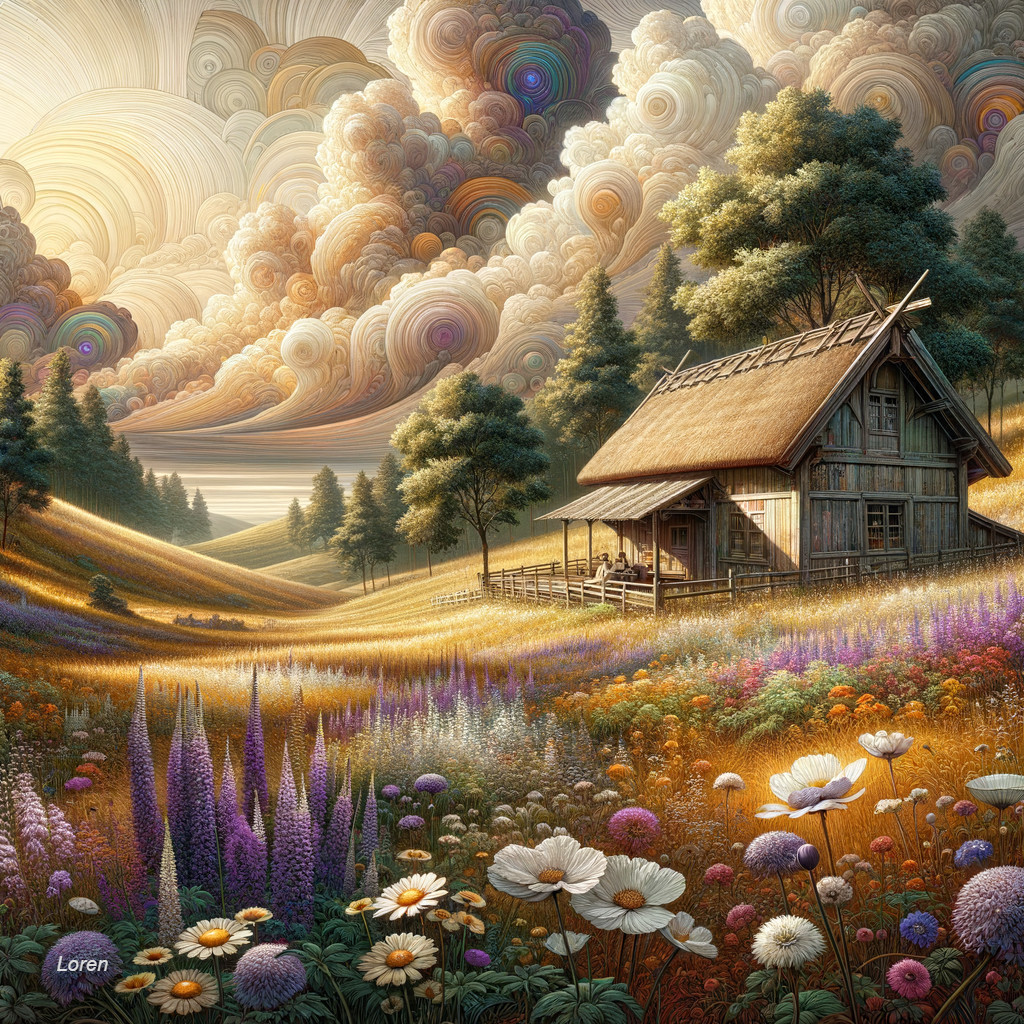 Charming Wooden House in Vibrant Wildflower Landscape