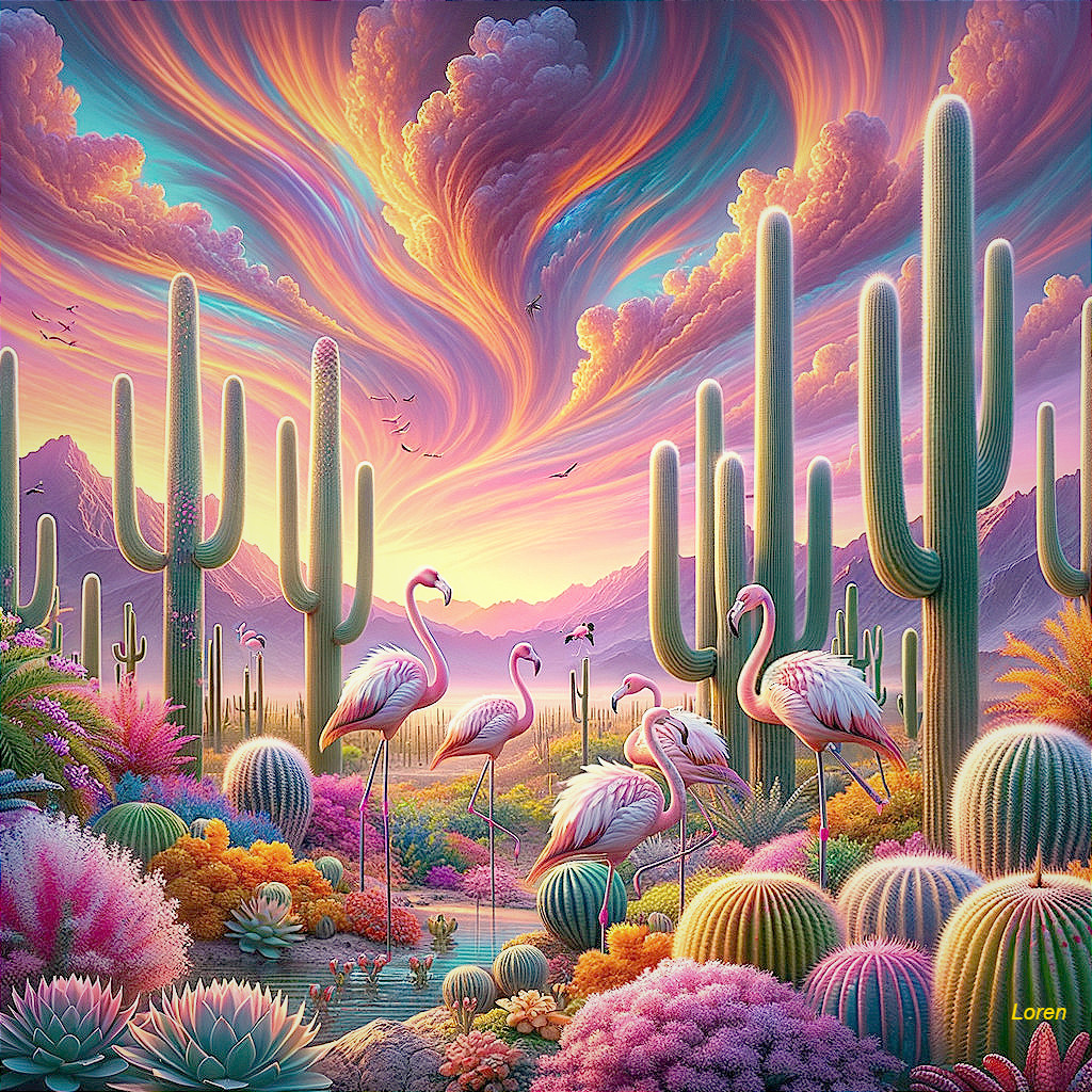 Vibrant Desert Scene with Flamingos and Mountains