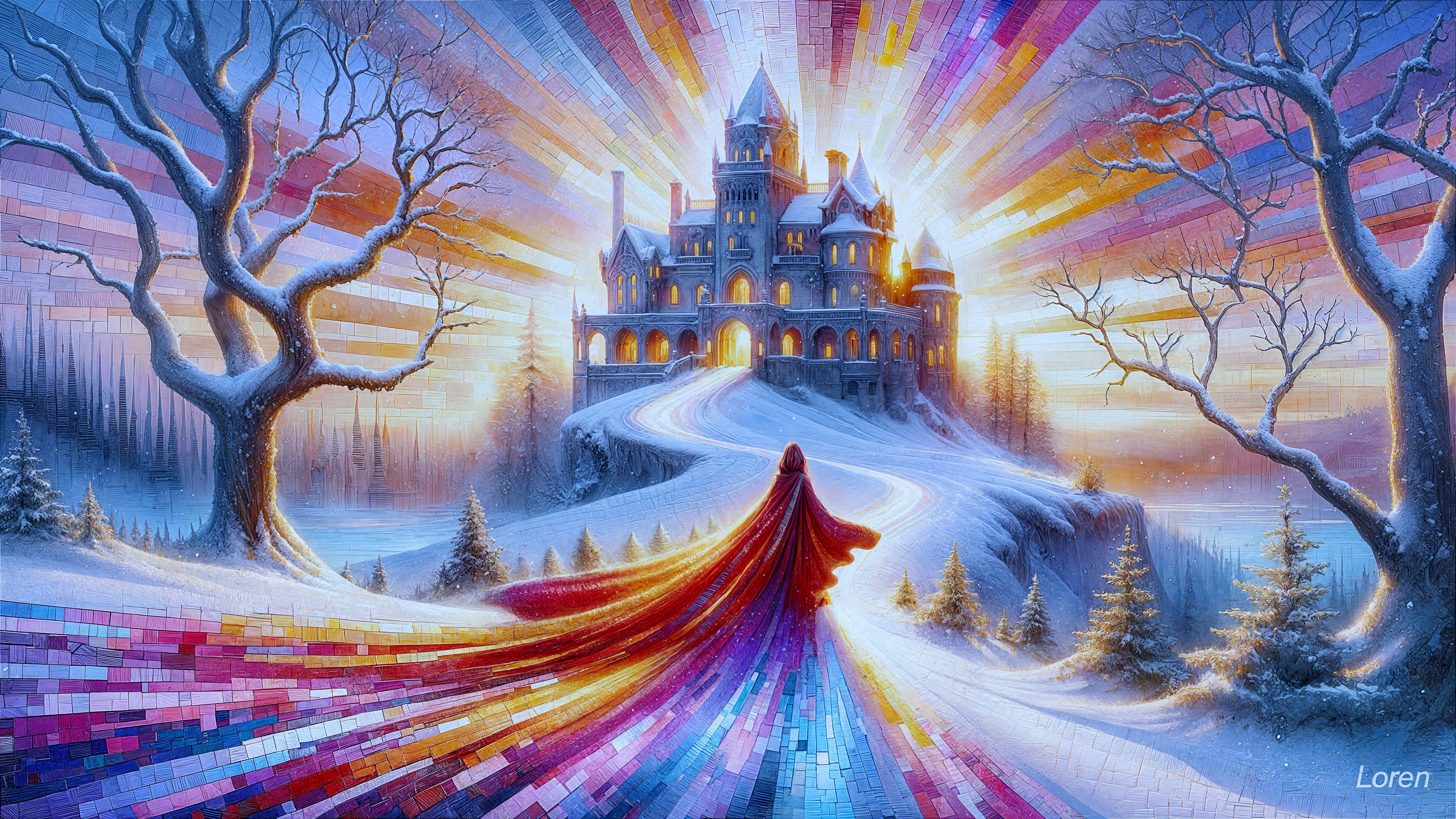 Majestic castle on snowy hill with vibrant colors