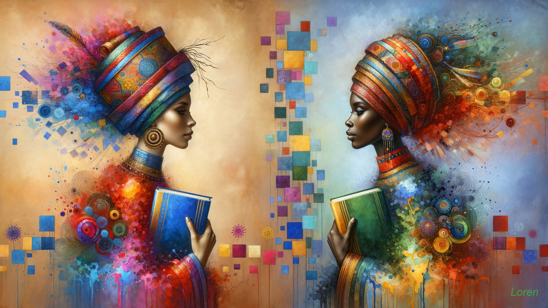 Elegant women with colorful headwraps and books