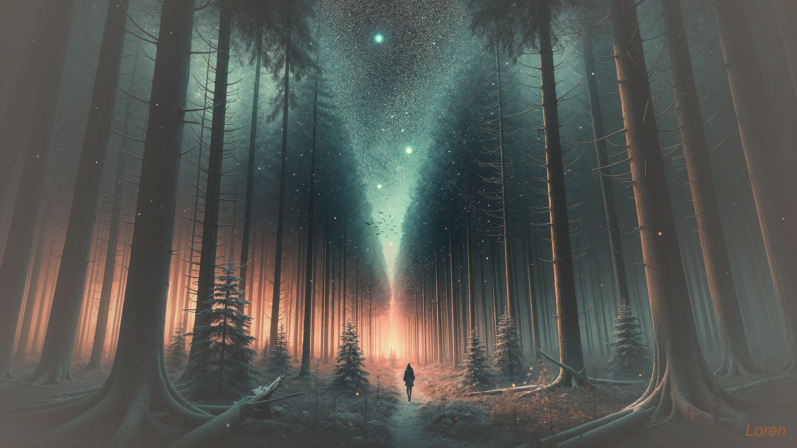 Mysterious Forest Scene with Celestial Glow and Shadows