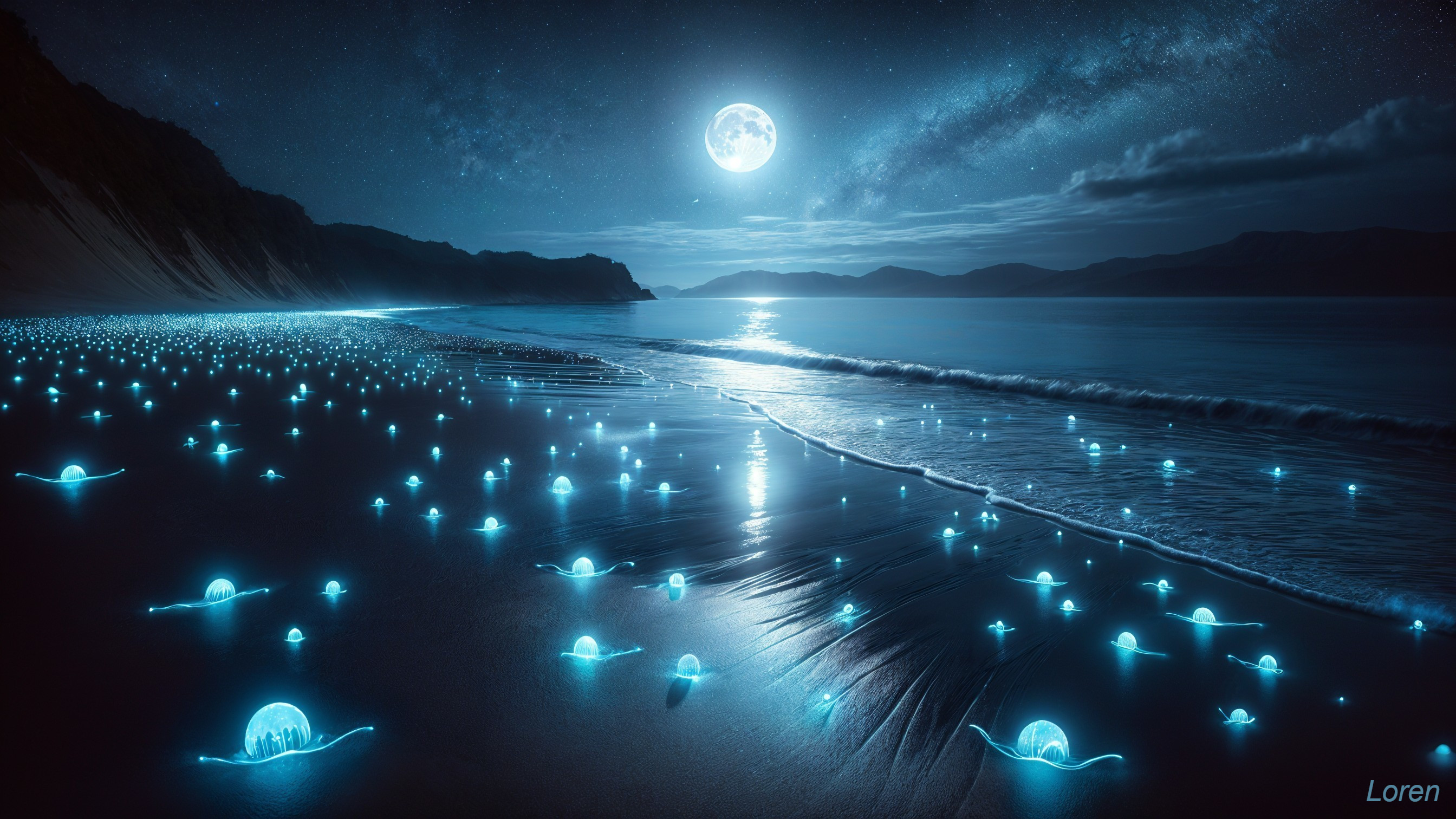 Serene Beach Scene with Moonlit Jellyfish and Waves
