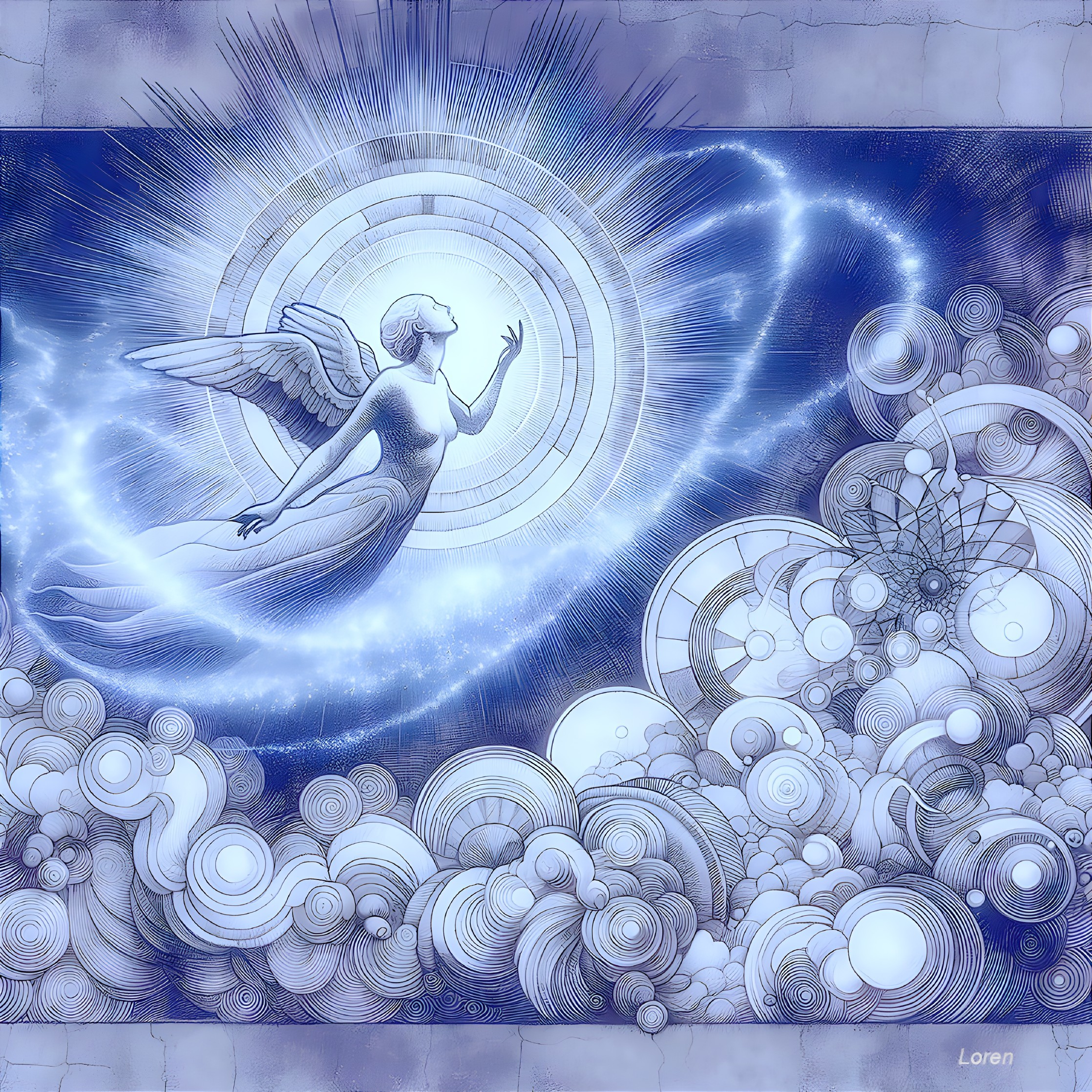 Serene Angel Amidst Swirling Clouds and Light