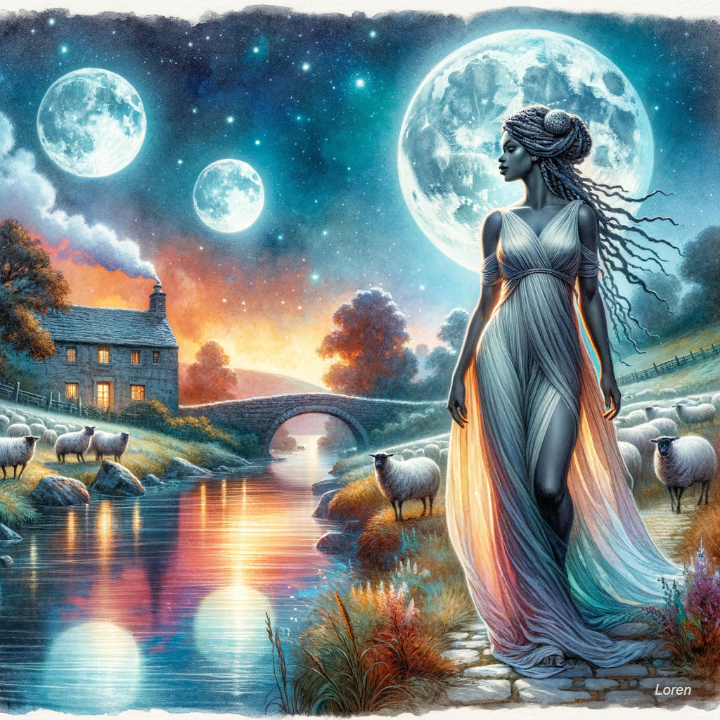 Twilight Landscape with Woman, River, and Moons