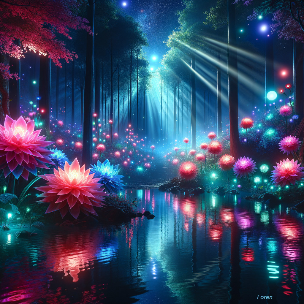 Mystical Forest with Colorful Lights and Lotus Blossoms