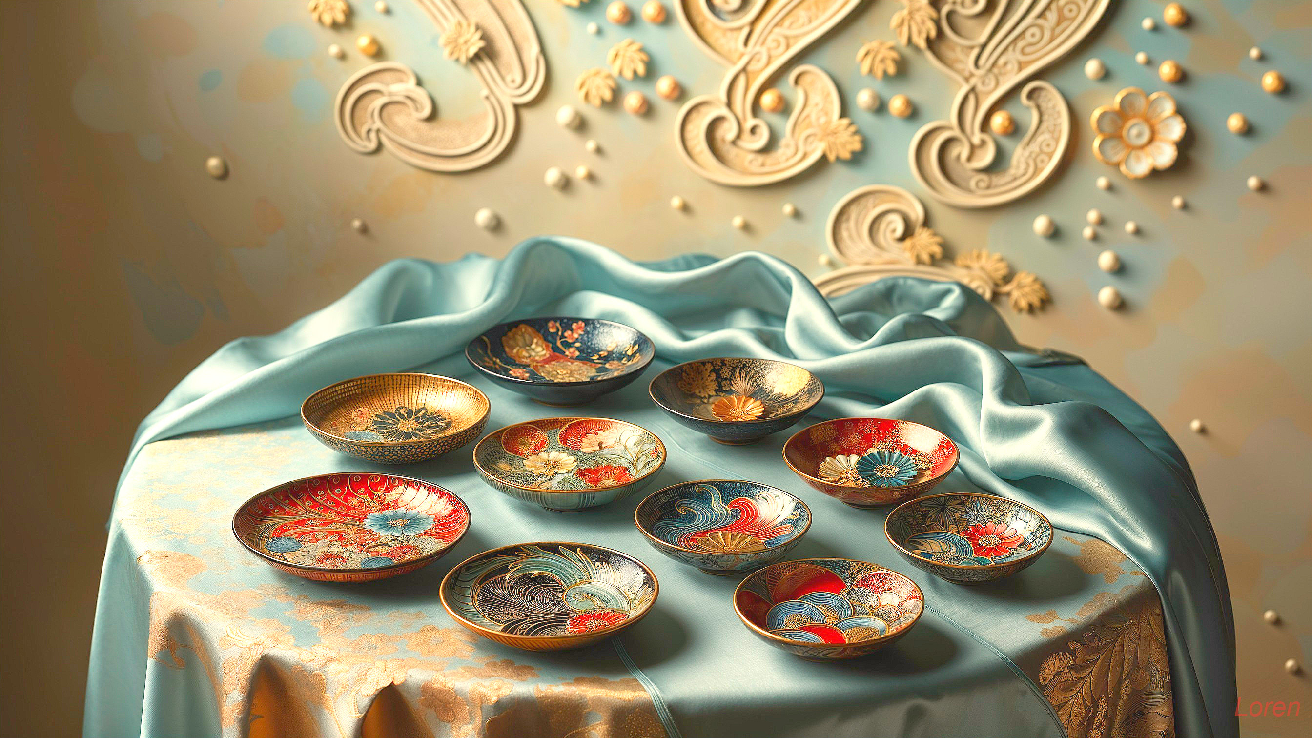 Intricately Designed Plates on Turquoise Tablecloth