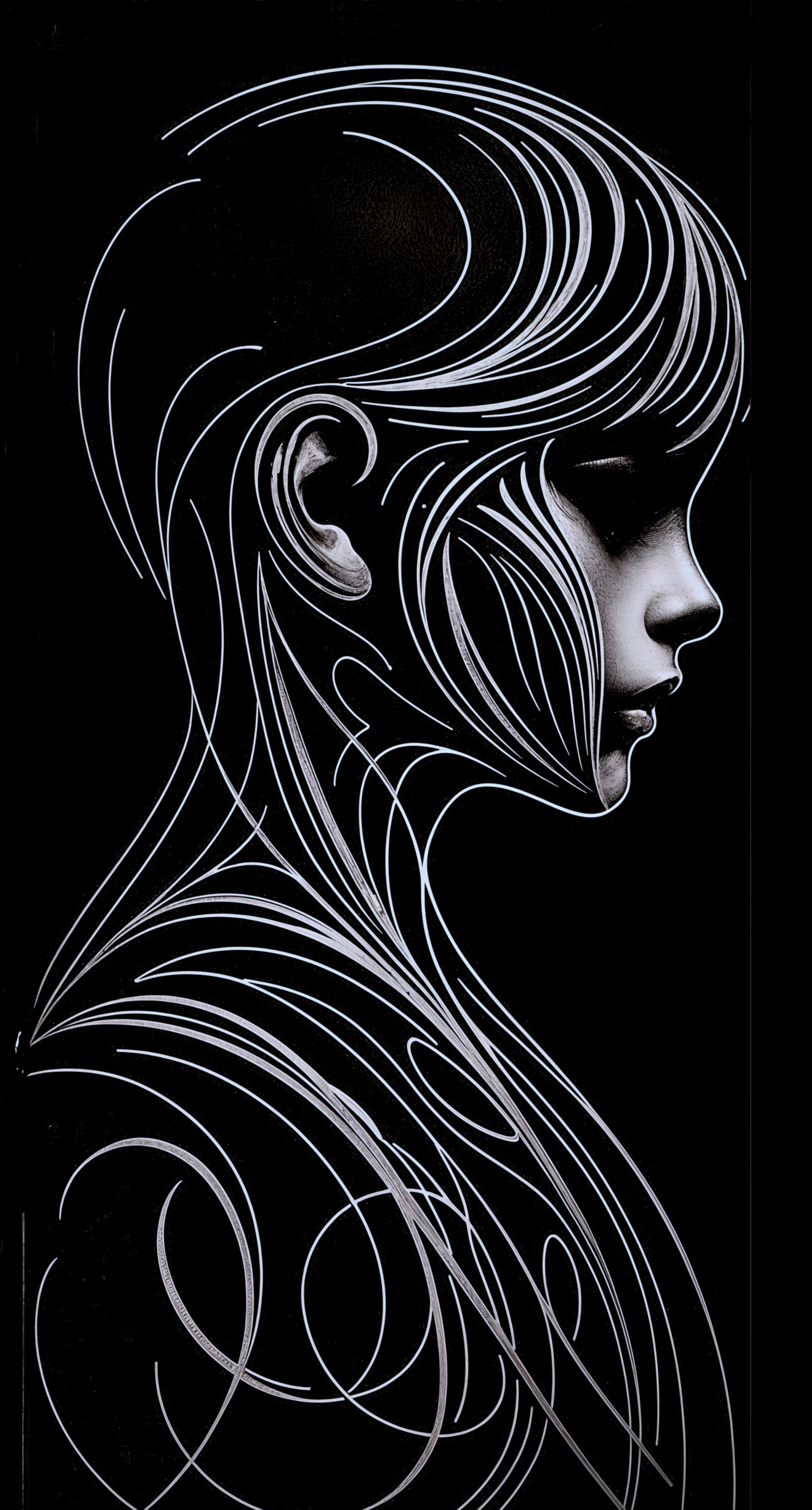 Stylized Human Profile with Flowing White Lines