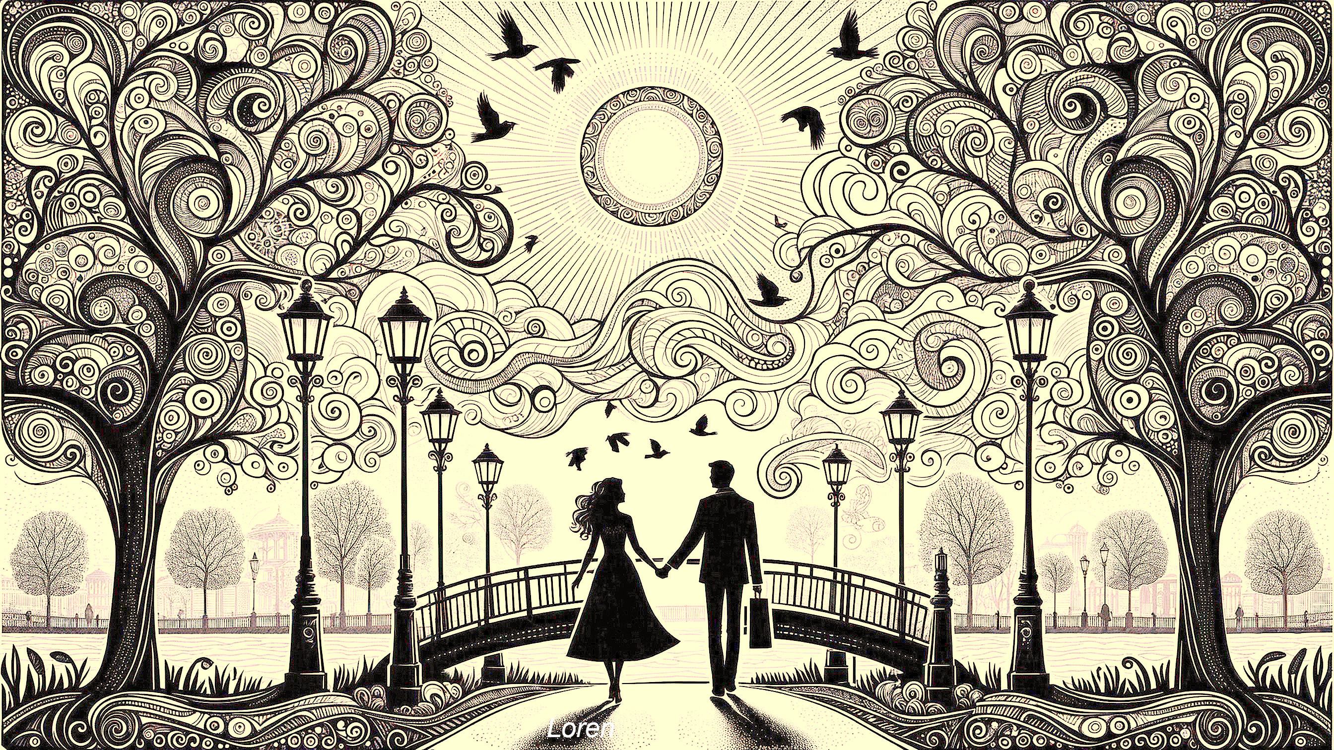 Intricate Black-and-White Illustration of a Couple on Bridge