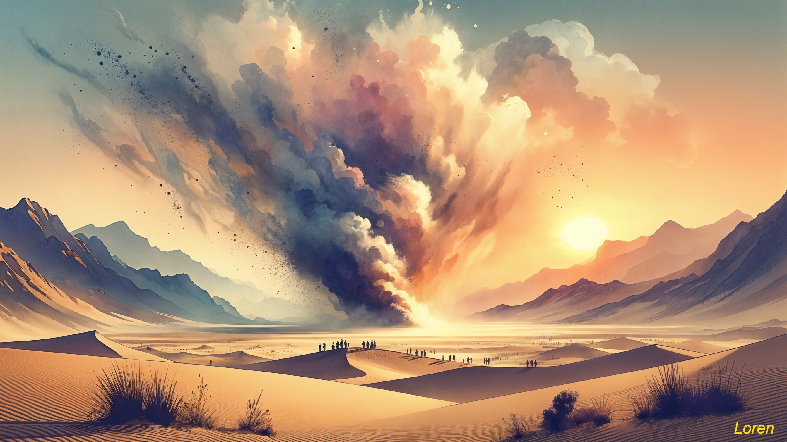 Desert Sunset with Smoke and Silhouetted Figures