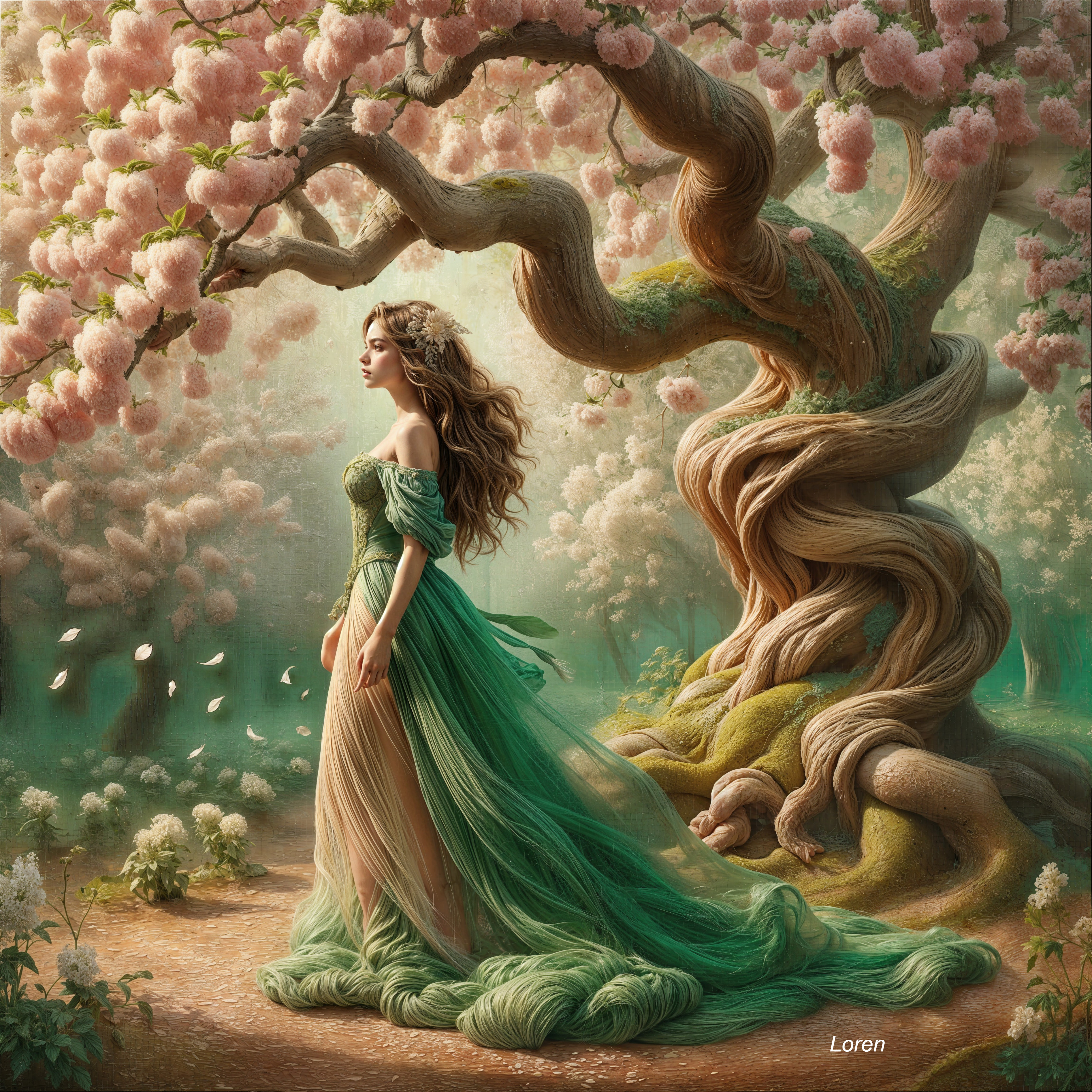 Serene Woman by Twisted Tree with Pink Blossoms