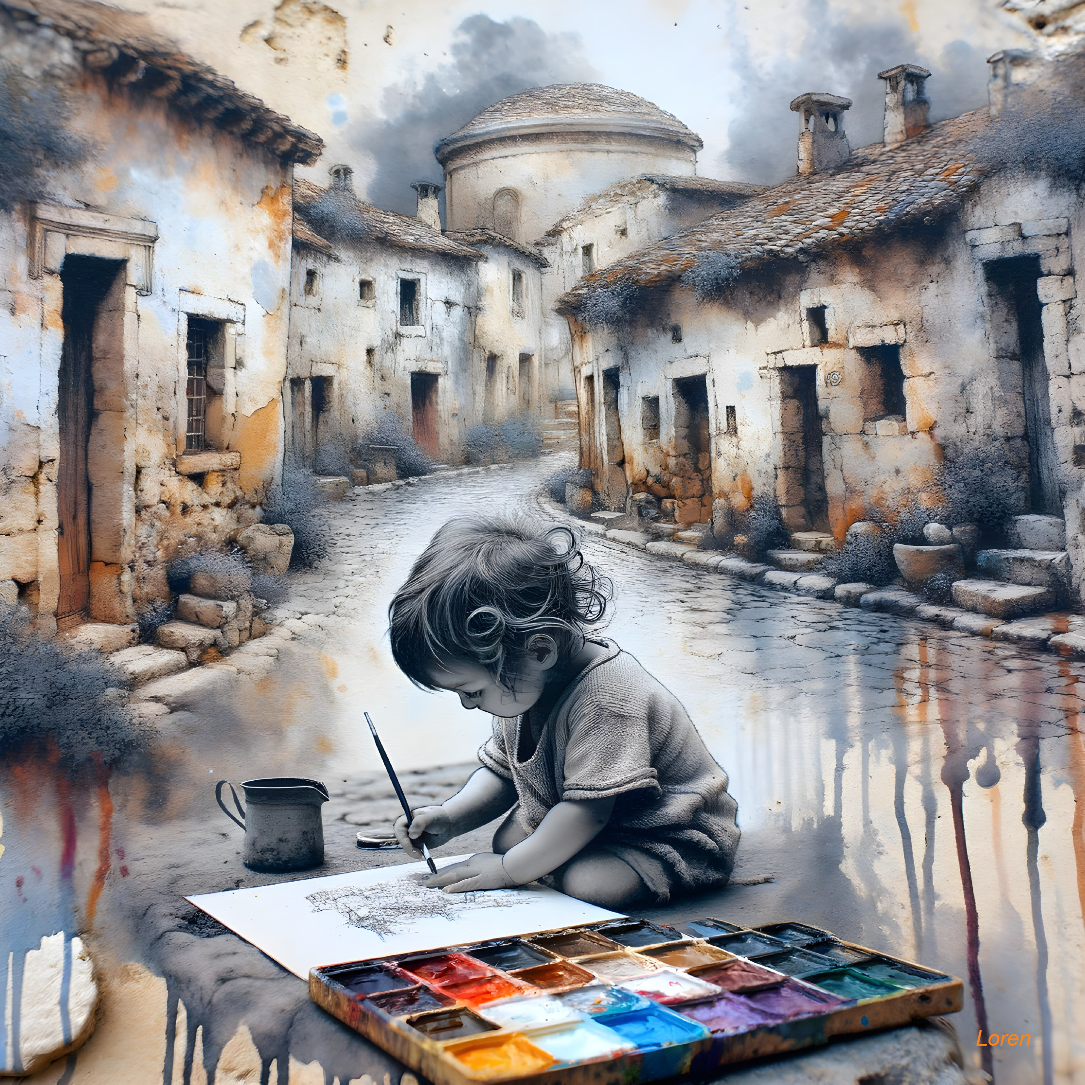 Child Painting on Cobblestone Street with Rustic Buildings