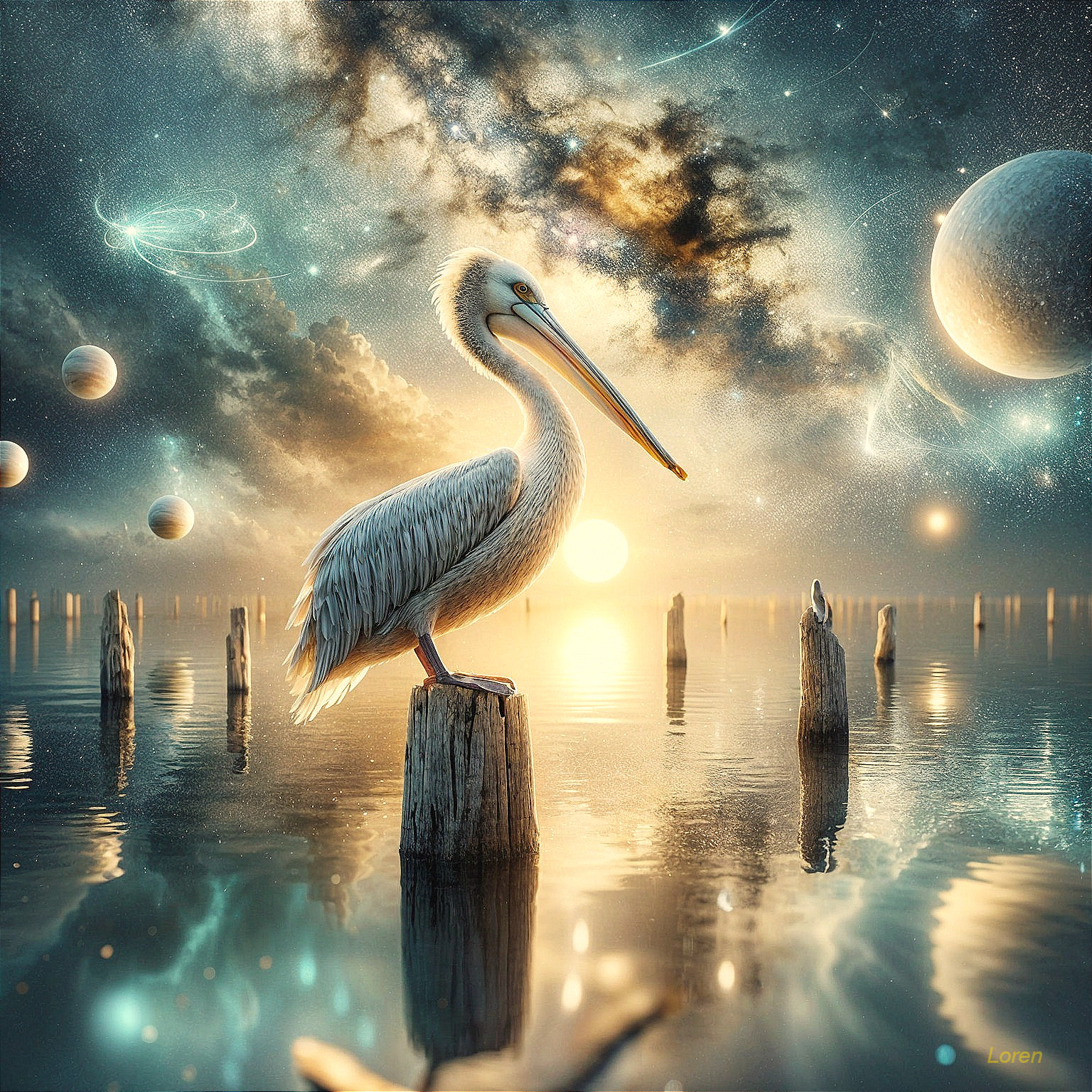 Pelican on Post with Cosmic Background at Sunset