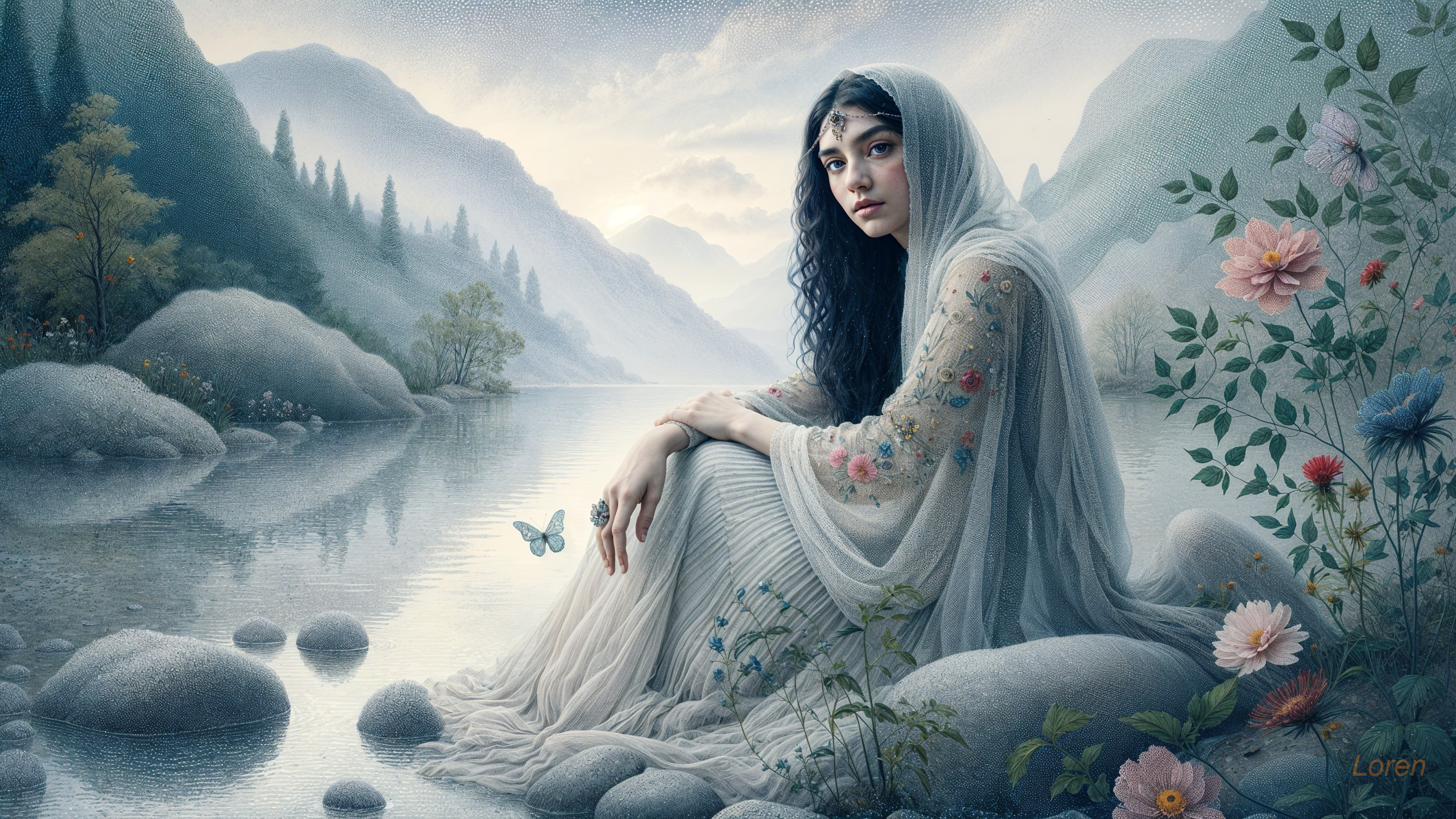 Serene Landscape with Young Woman by Tranquil River