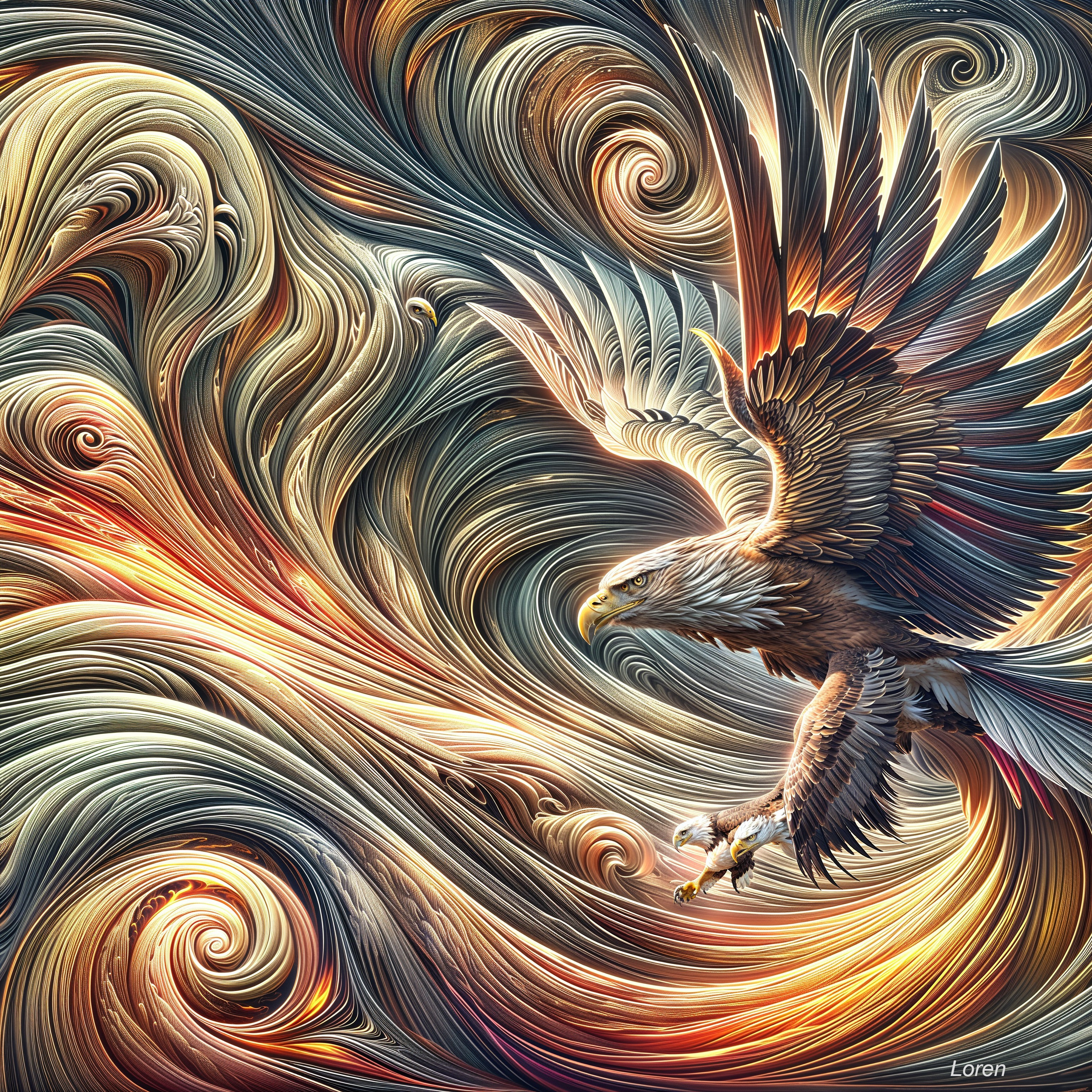 Eagle in Flight Against Colorful Tapestry Background