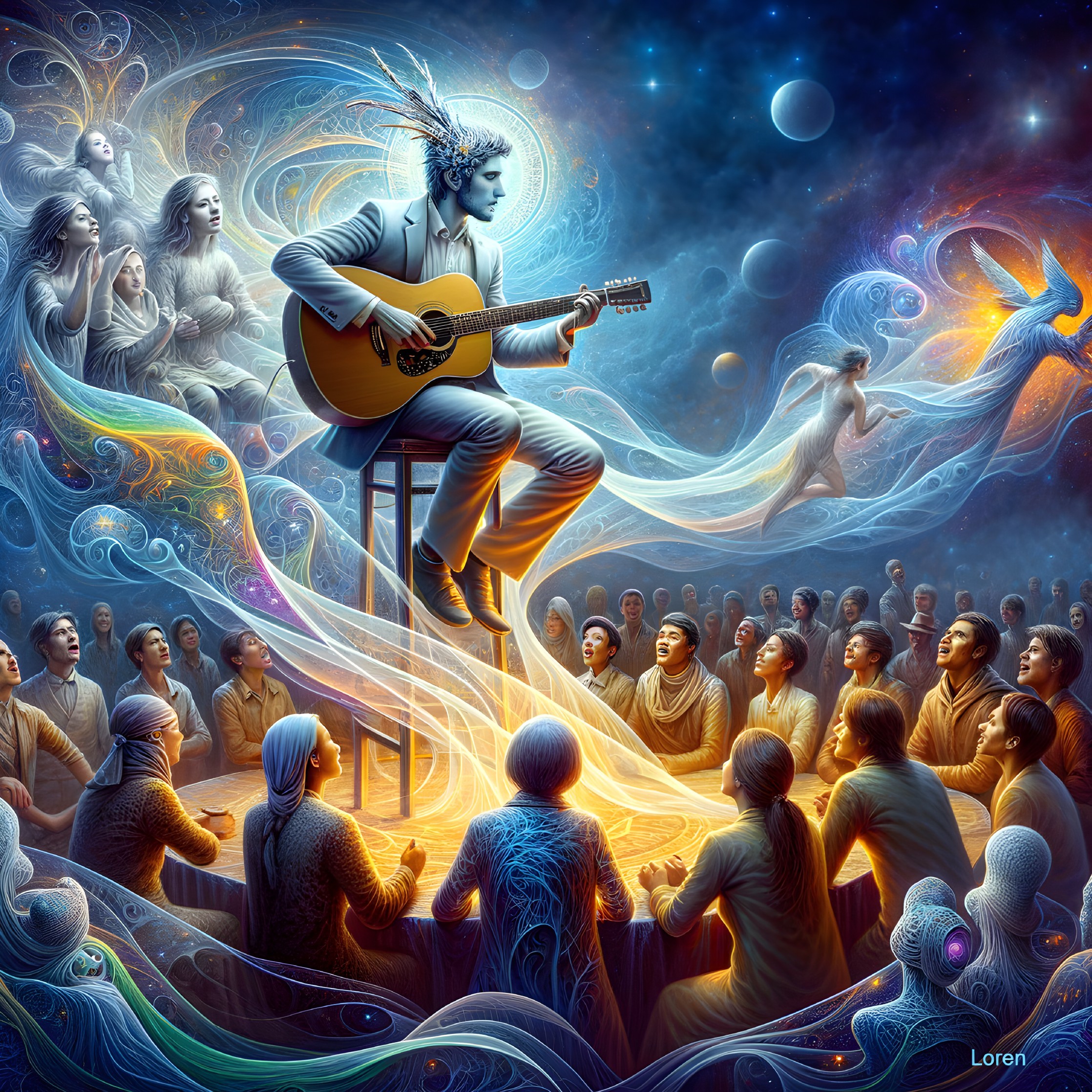 Musician Playing Guitar Amidst Colorful Energies