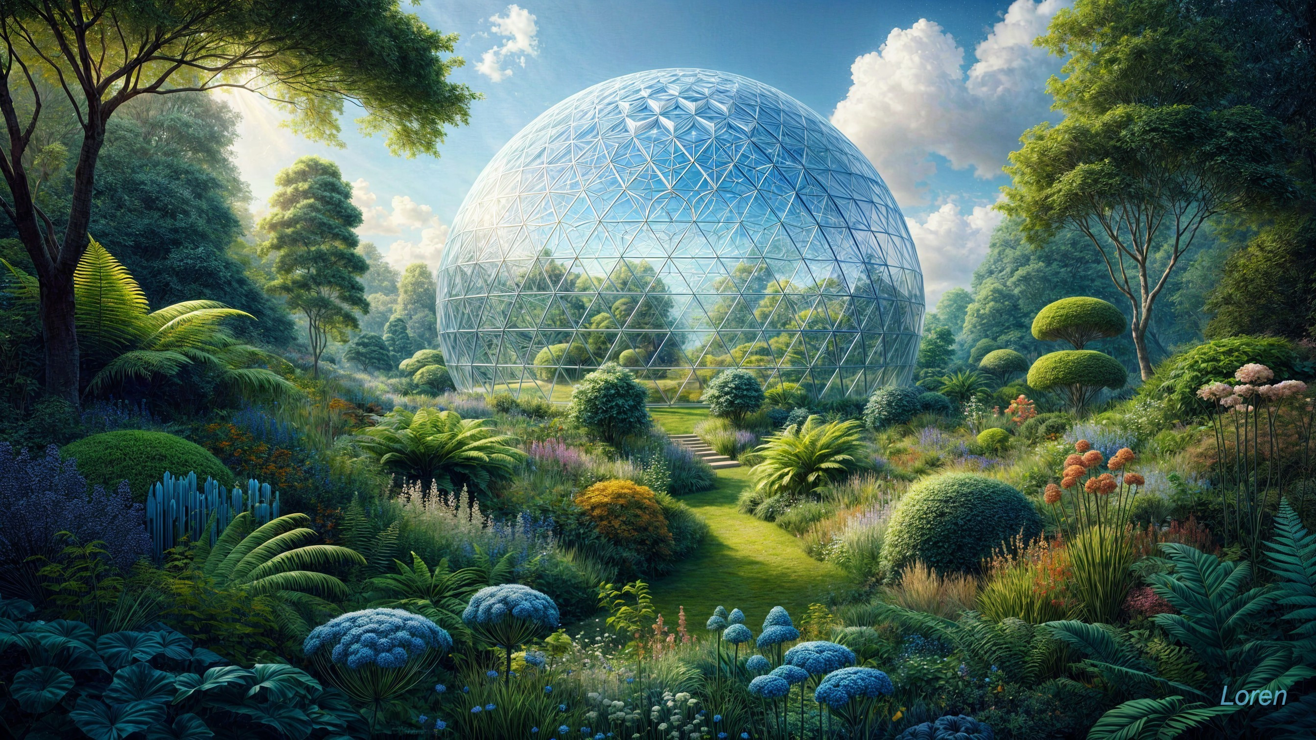 Futuristic garden with transparent geodesic dome