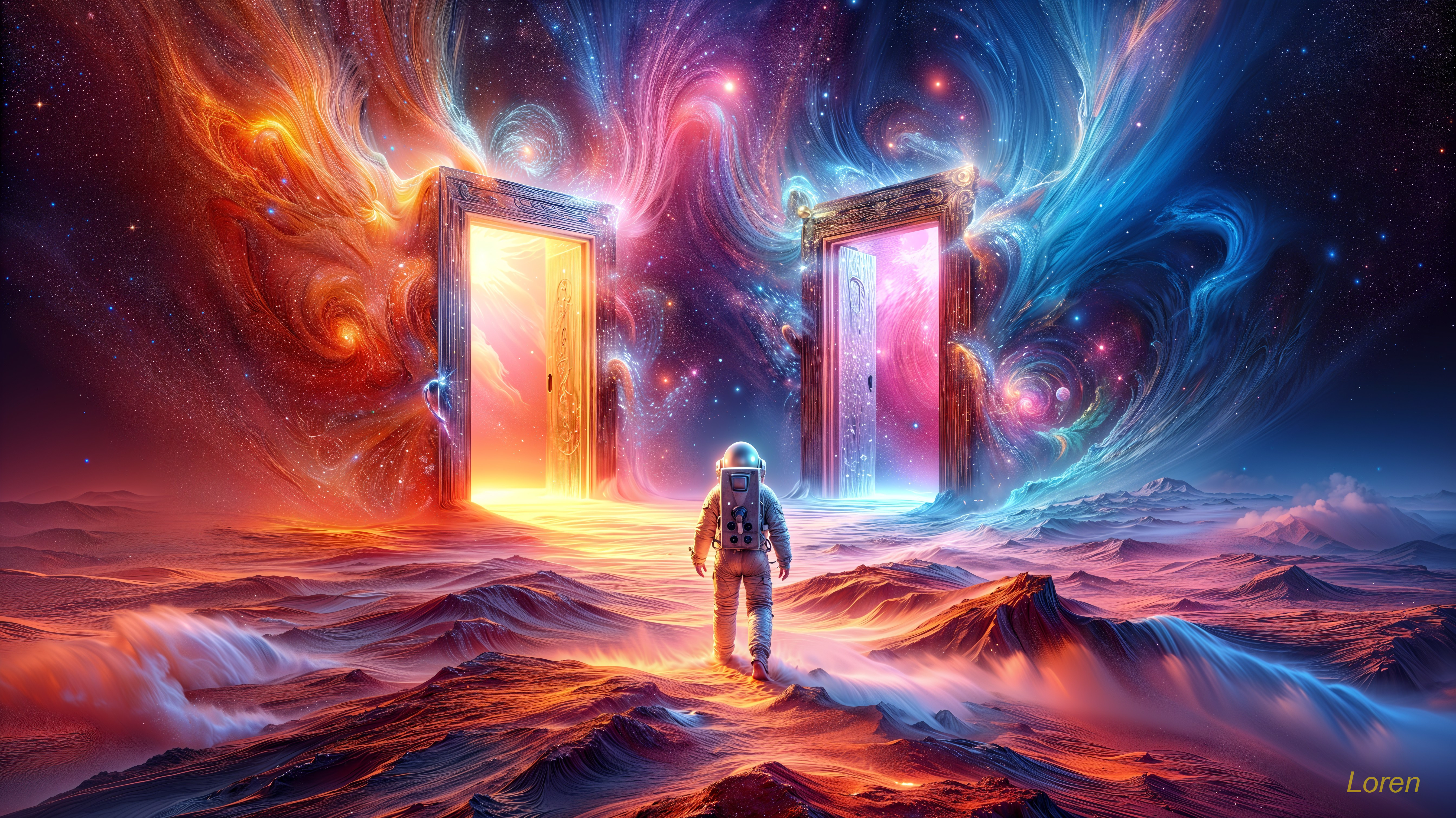 Astronaut in Colorful Cosmic Landscape with Mystical Doors